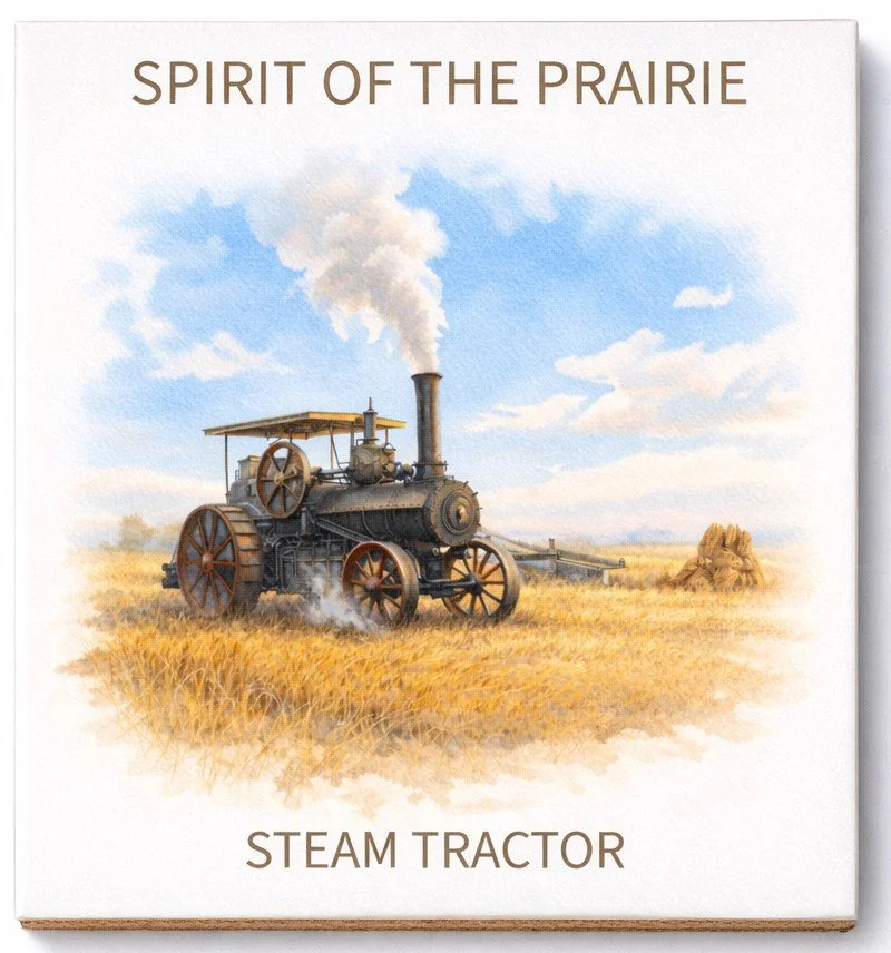 A ceramic coaster with an Illustration of a vintage steam tractor working in a golden wheat field with blue sky and clouds in the background.