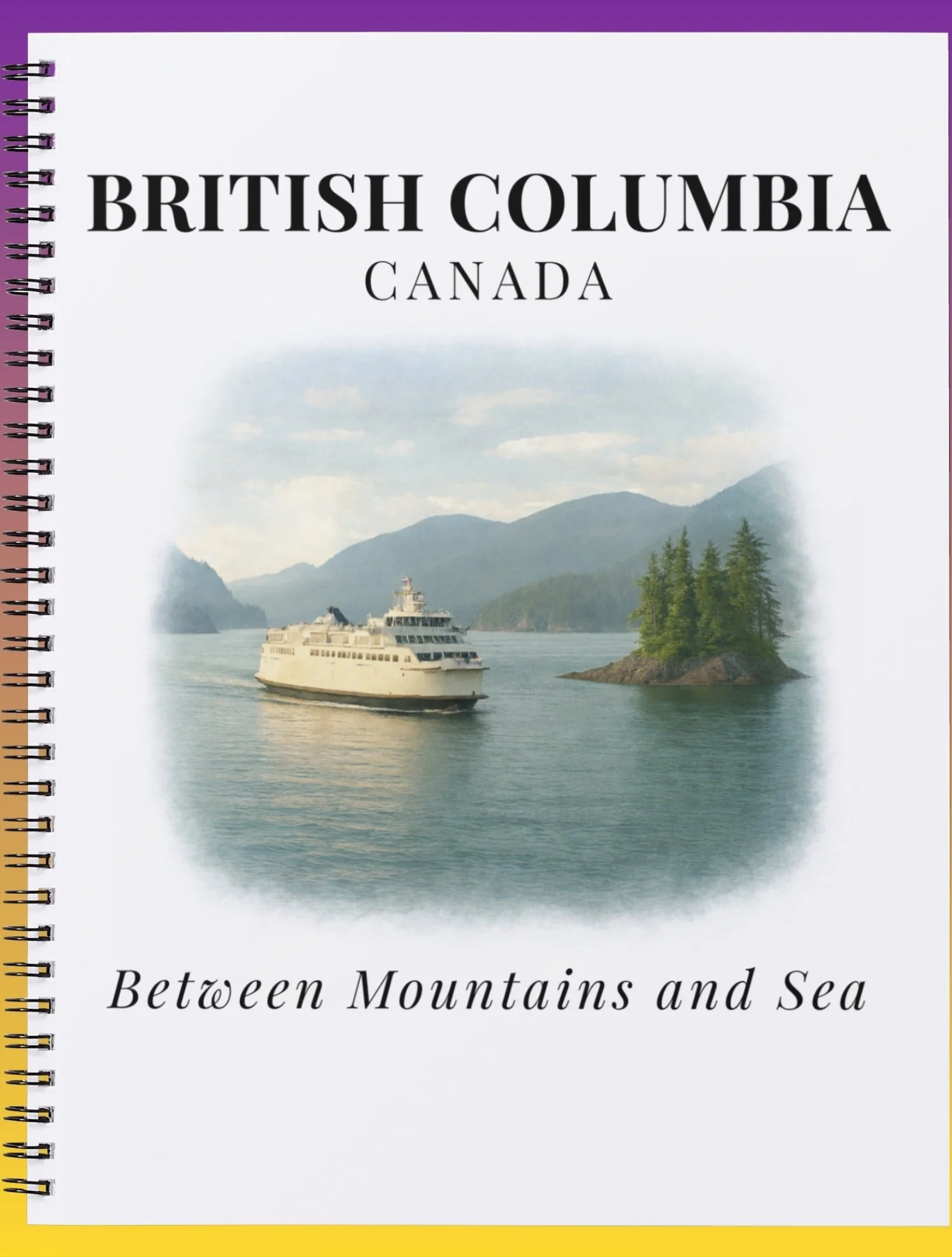 Travel‑style illustration of a British Columbia lake with a white cruise ship, a tree‑covered island, and surrounding mountains under a cloudy sky. A perfect West Coast souvenir design