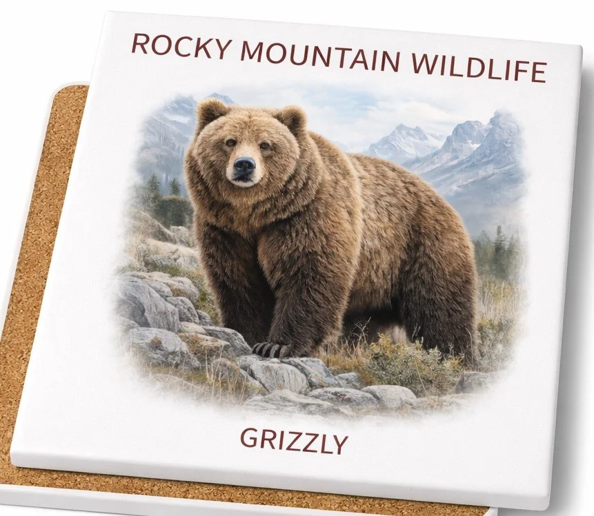 A coaster saying  'Rocky Mountain Wildlife' featuring a mountain grizzly bear standing on rocky terrain with mountains in the background.