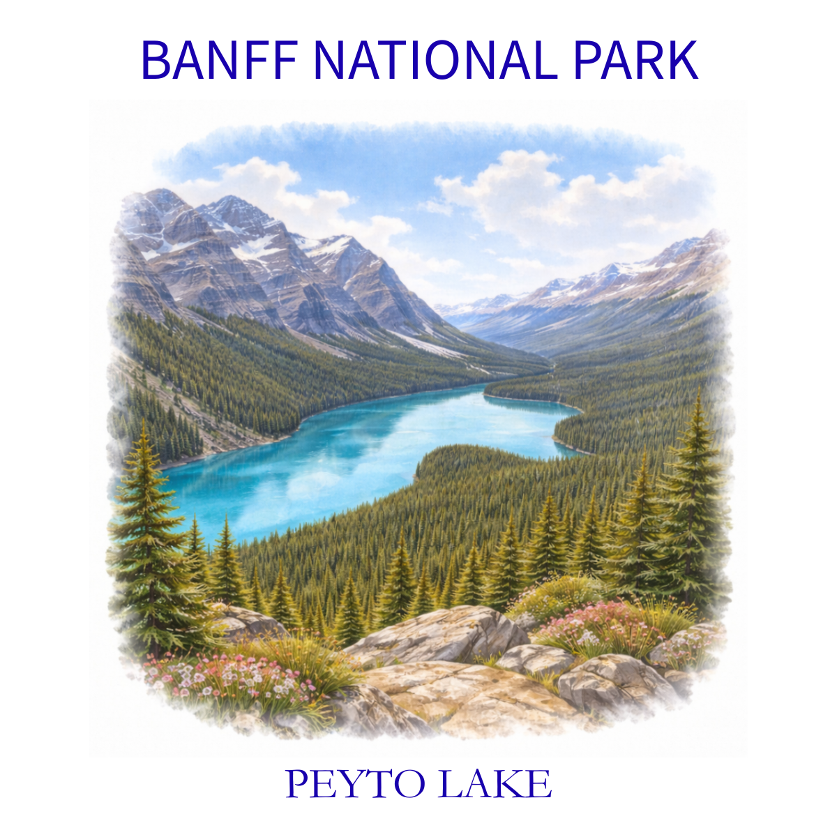 Painting of Peyto Lake in Banff National Park with mountains, a blue lake, green forest, and sky with clouds.