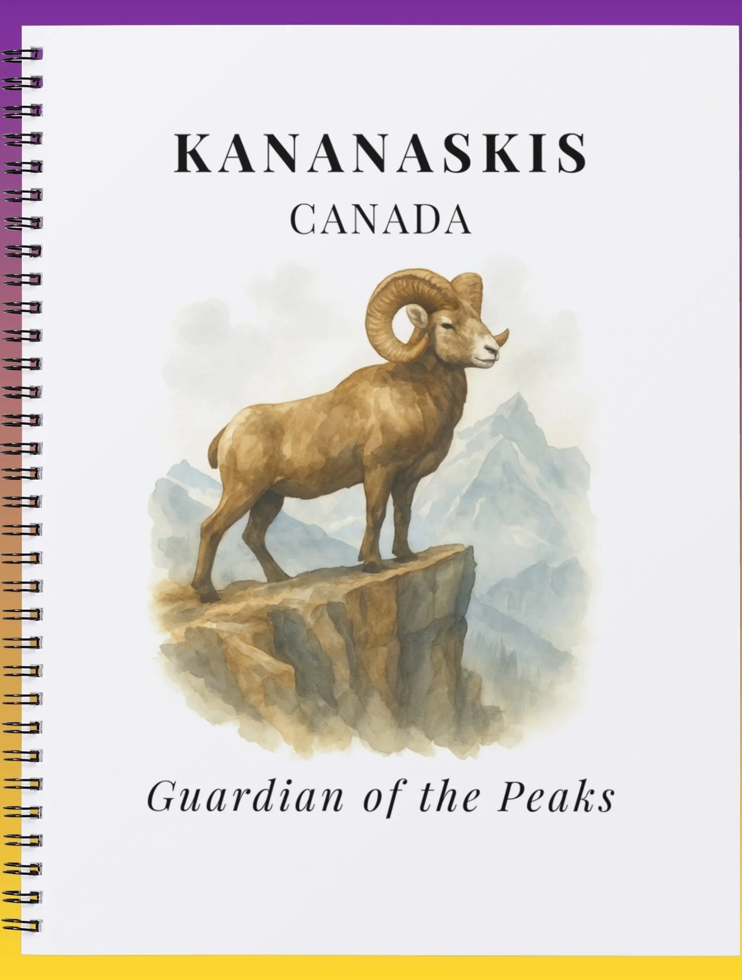 Book cover with illustration of a mountain goat standing on a rocky ledge, mountains in the background, titled "Kananaskis Canada" and subtitle "Guardian of the Peaks".