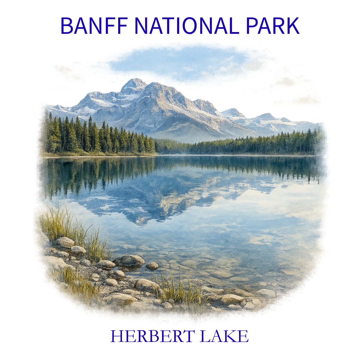 Scenic view of Herbert Lake in Banff National Park with mountains, trees, and reflections on the water.