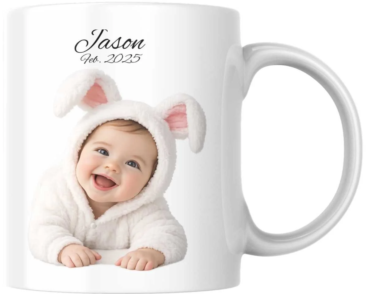 Personalized white ceramic mug with a photo of a smiling baby in a bunny costume, and text that reads "Jason Feb. 2025."