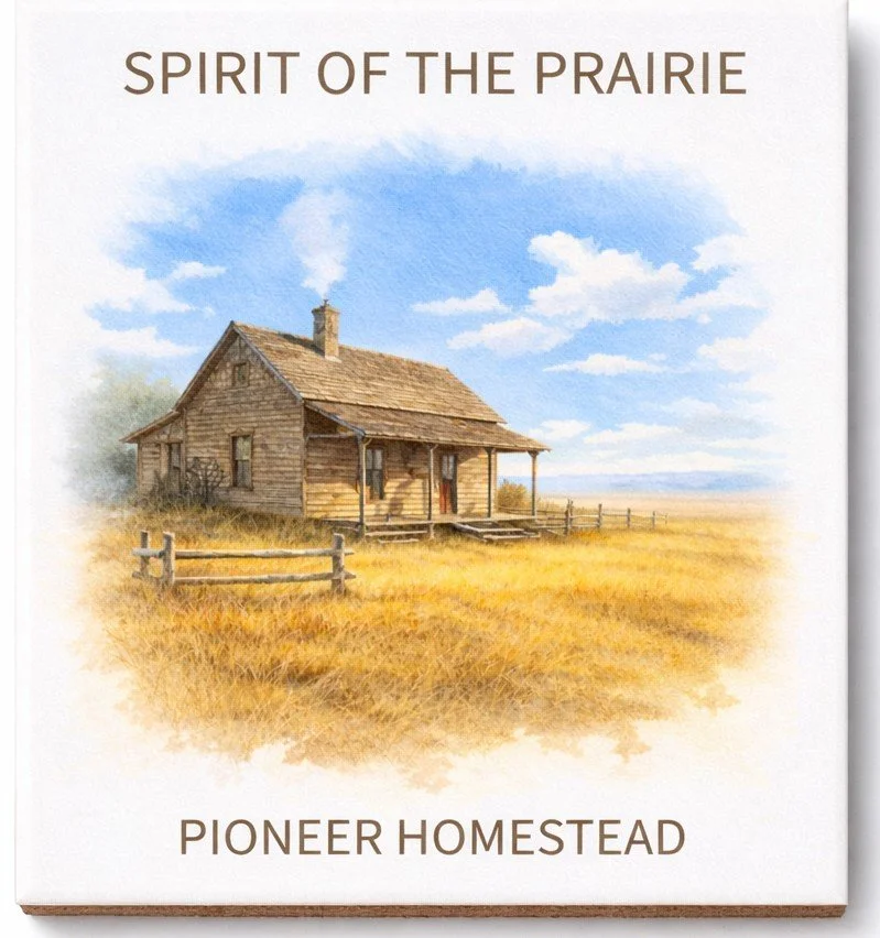 Painting of an old wooden farmhouse surrounded by a yellow field, with a blue sky and scattered clouds above, titled 'Spirit of the Prairie, Pioneer Homestead'.