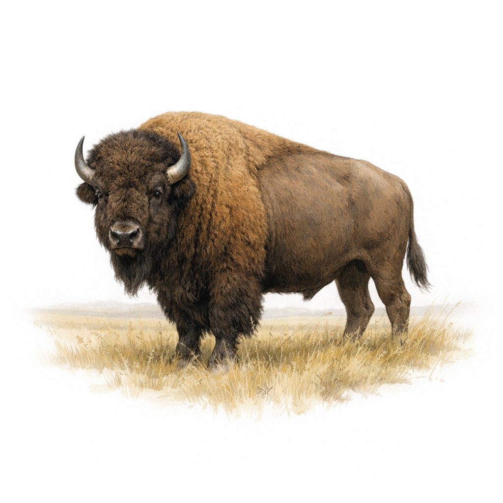 A realistic painting of a bison standing in a grassy plain.