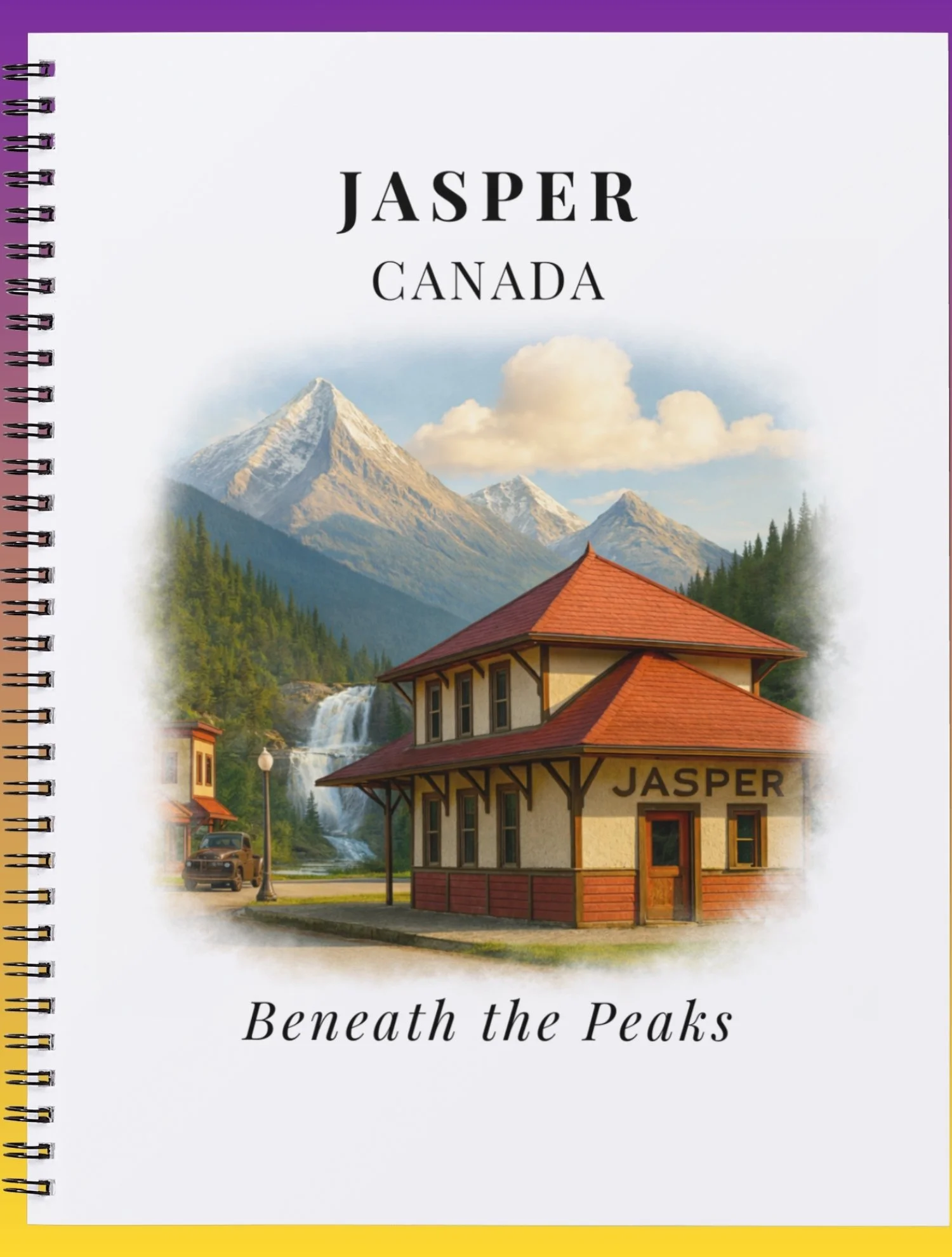 Spiral-bound travel guidebook titled 'Jasper Canada' with a cover photo of a building named Jasper, mountainous landscape with snow-capped peaks, a waterfall, trees, a car, and a lamp post, and the subtitle 'Beneath the Peaks'.