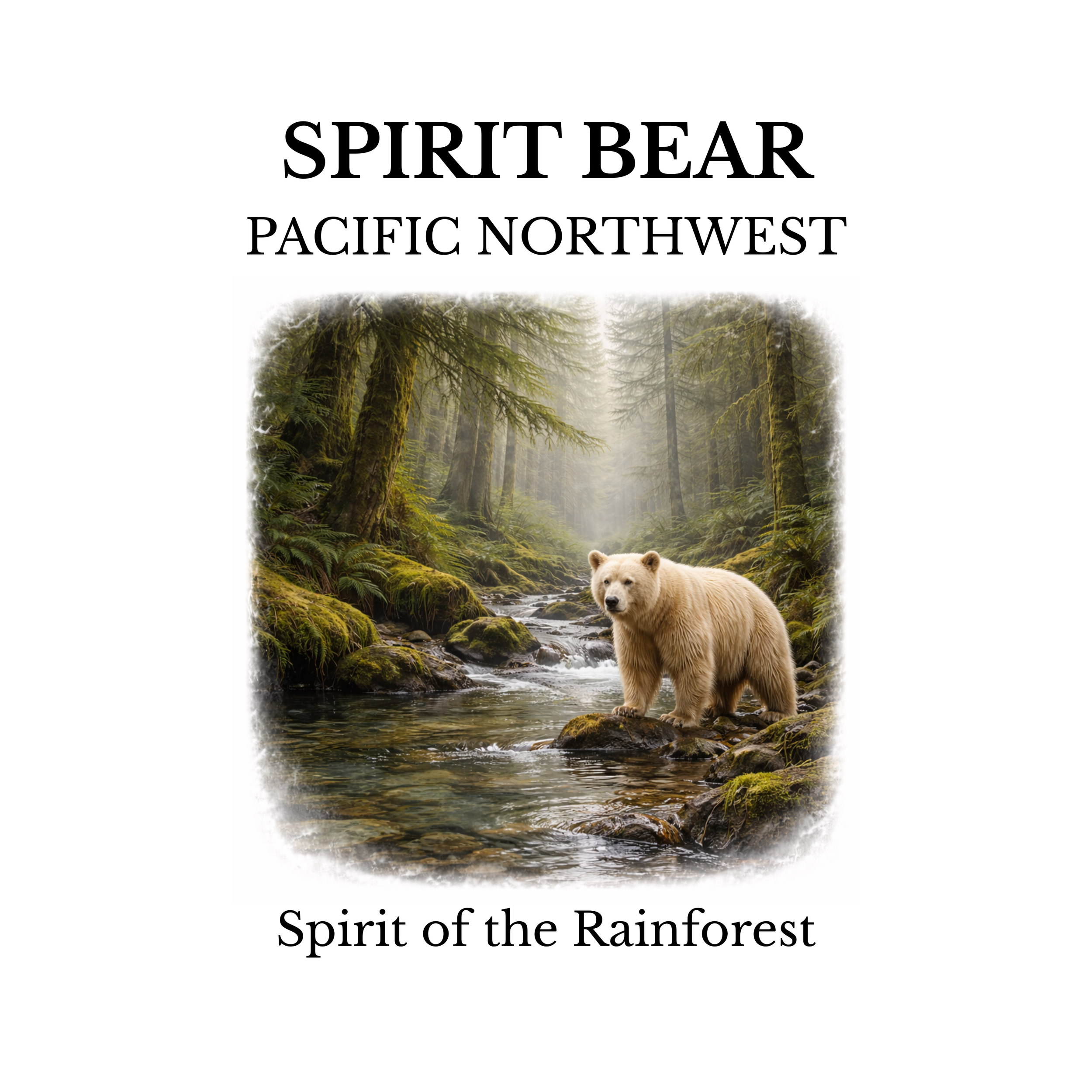 Image titled 'SPIRIT BEAR PACIFIC NORTHWEST' featuring a bear in a rainforest stream with tall trees and mossy rocks