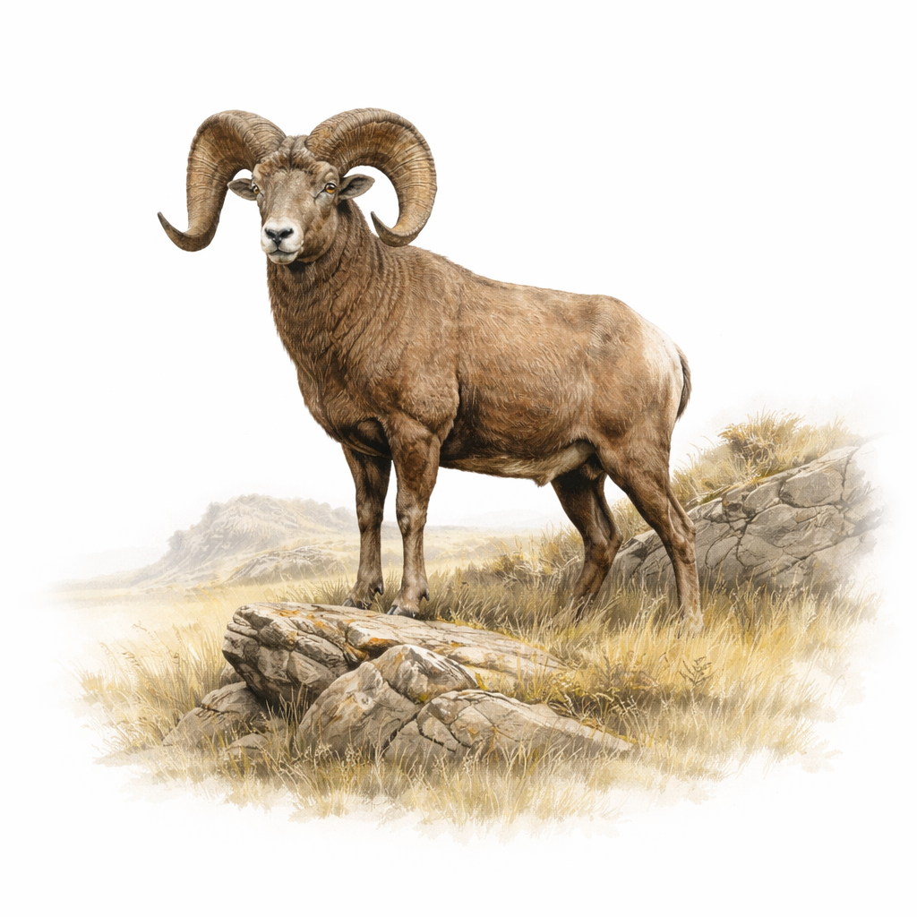 A bighorn sheep with large curled horns standing on rocky terrain in a grassy field with mountains in the background.