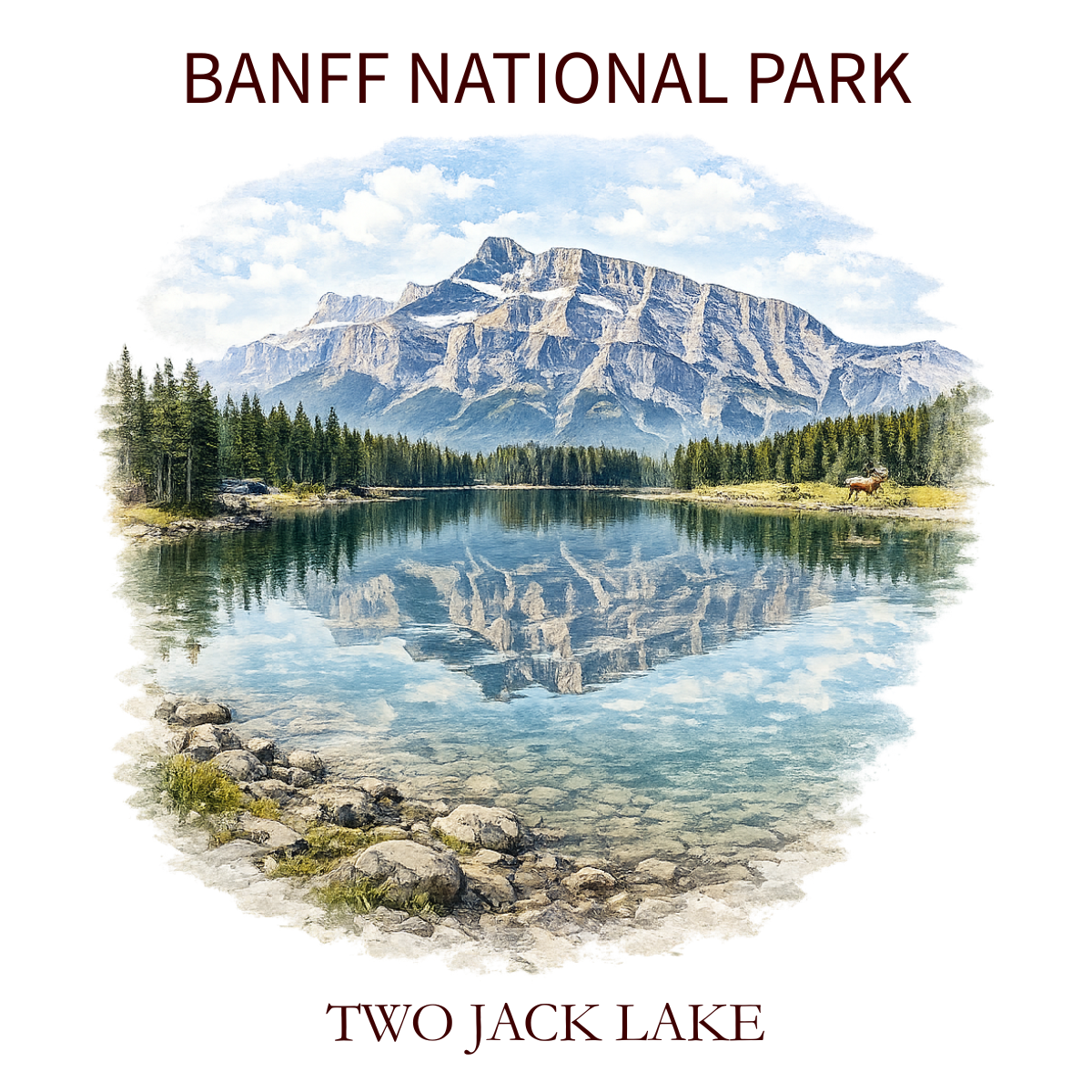 A scenic watercolor painting of Two Jack Lake in Banff National Park, with a mountain in the background, trees along the shoreline, and a reflection in the calm water.