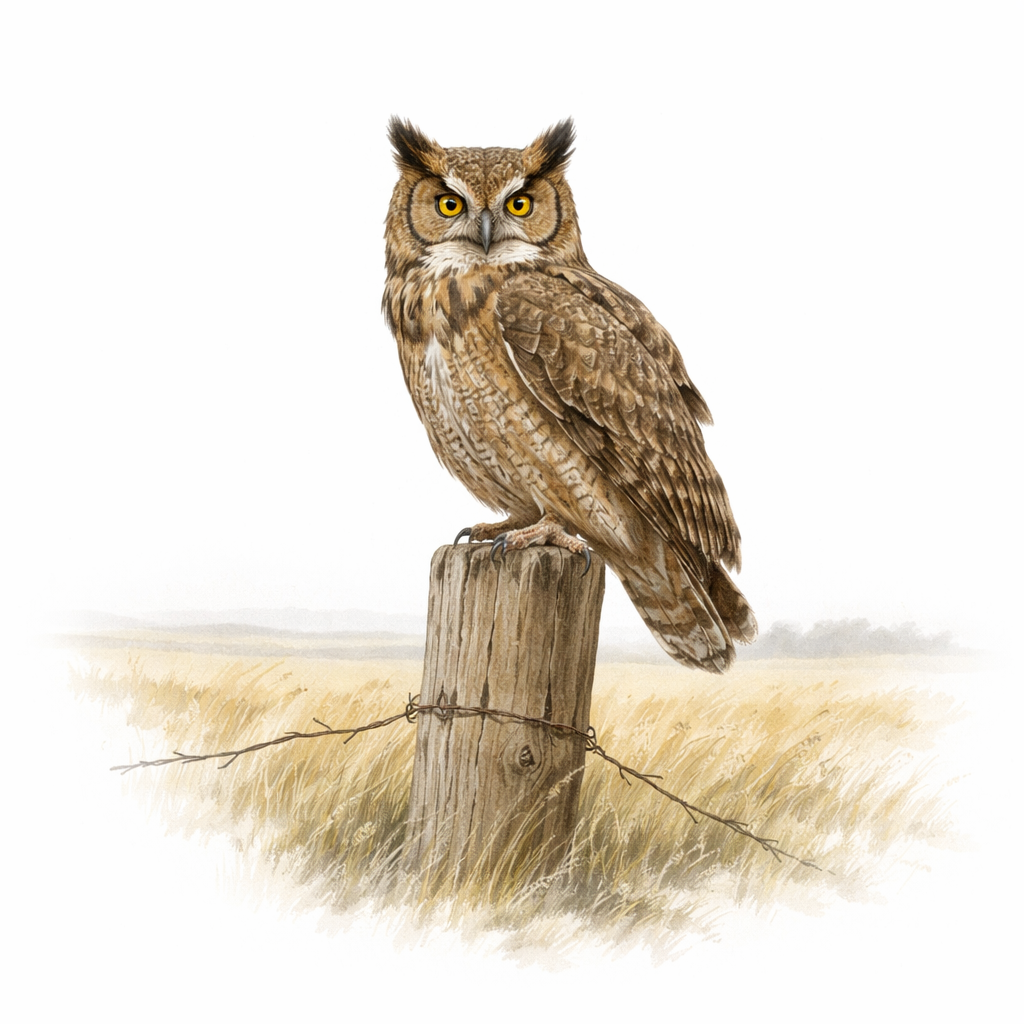 A great horned owl perched on a wooden fence post in a field.