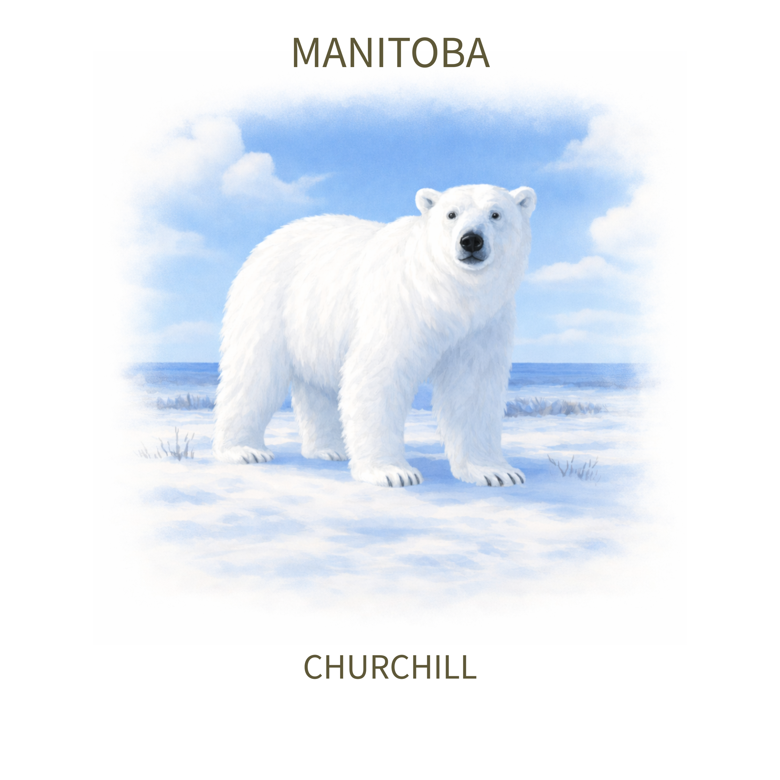 Illustration of a polar bear standing on snow with a blue sky and ocean in the background, labeled 'Manitoba' at the top and 'Churchill' at the bottom.