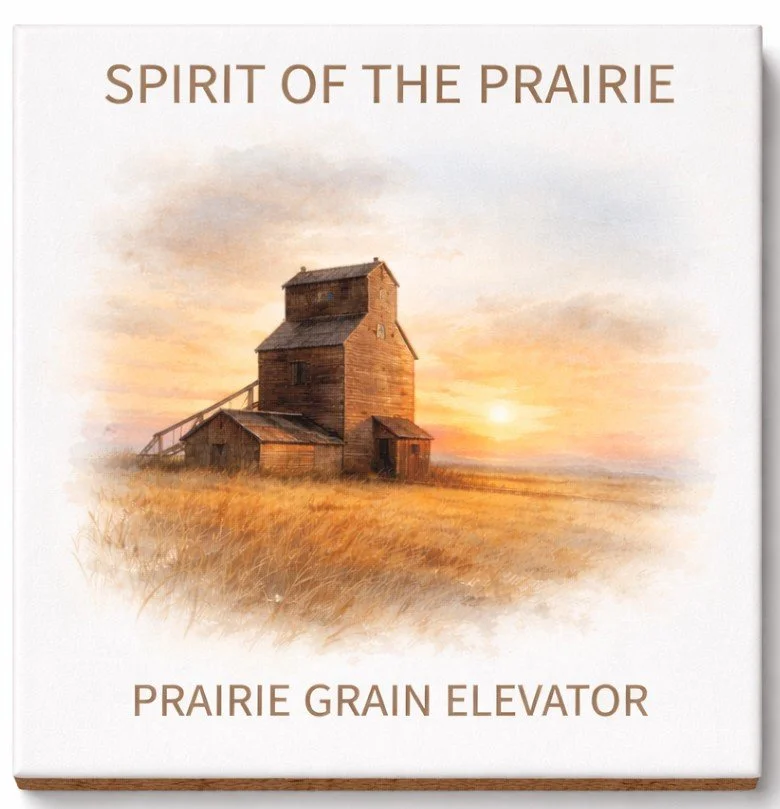 A painting of a prairie grain elevator at sunset with the text 'Spirit of the Prairie' at the top and 'Prairie Grain Elevator' at the bottom.