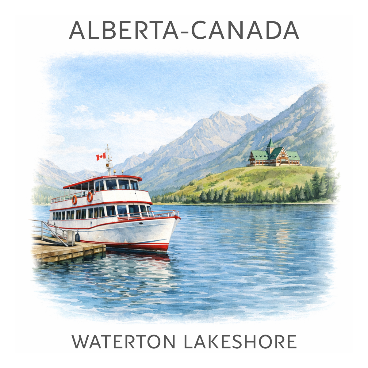 A scenic watercolor illustration of a boat docked at a pier on Waterton Lakes, with a mountain landscape and a church on a hill in the background, representing Waterton Lakes in Alberta, Canada.