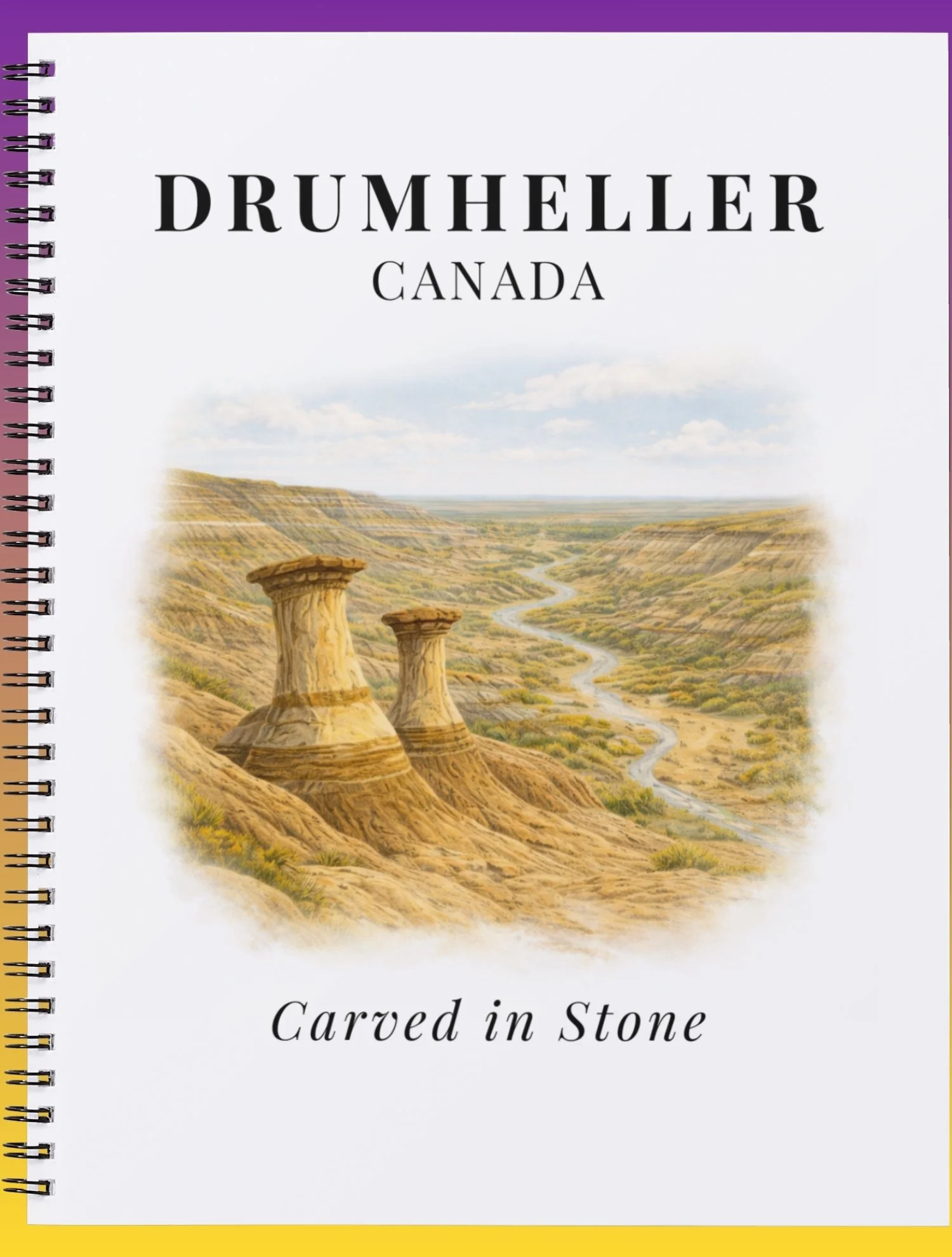 Notebook cover featuring a landscape of Badlands terrain with hoodoo formations and a winding river, with the title 'DRUMHELLER CANADA' and the subtitle 'Carved in Stone'.