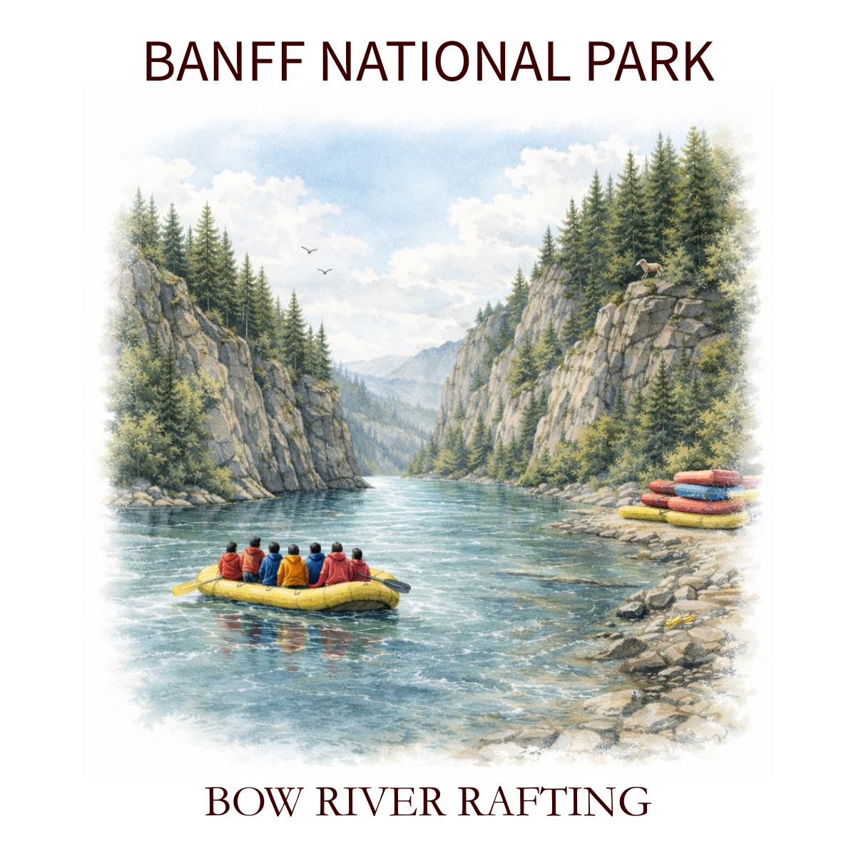 A group of people in a yellow raft floating on Bow River between steep rocky cliffs with evergreen trees at Banff National Park, with a stack of colorful rafts on the rocks.