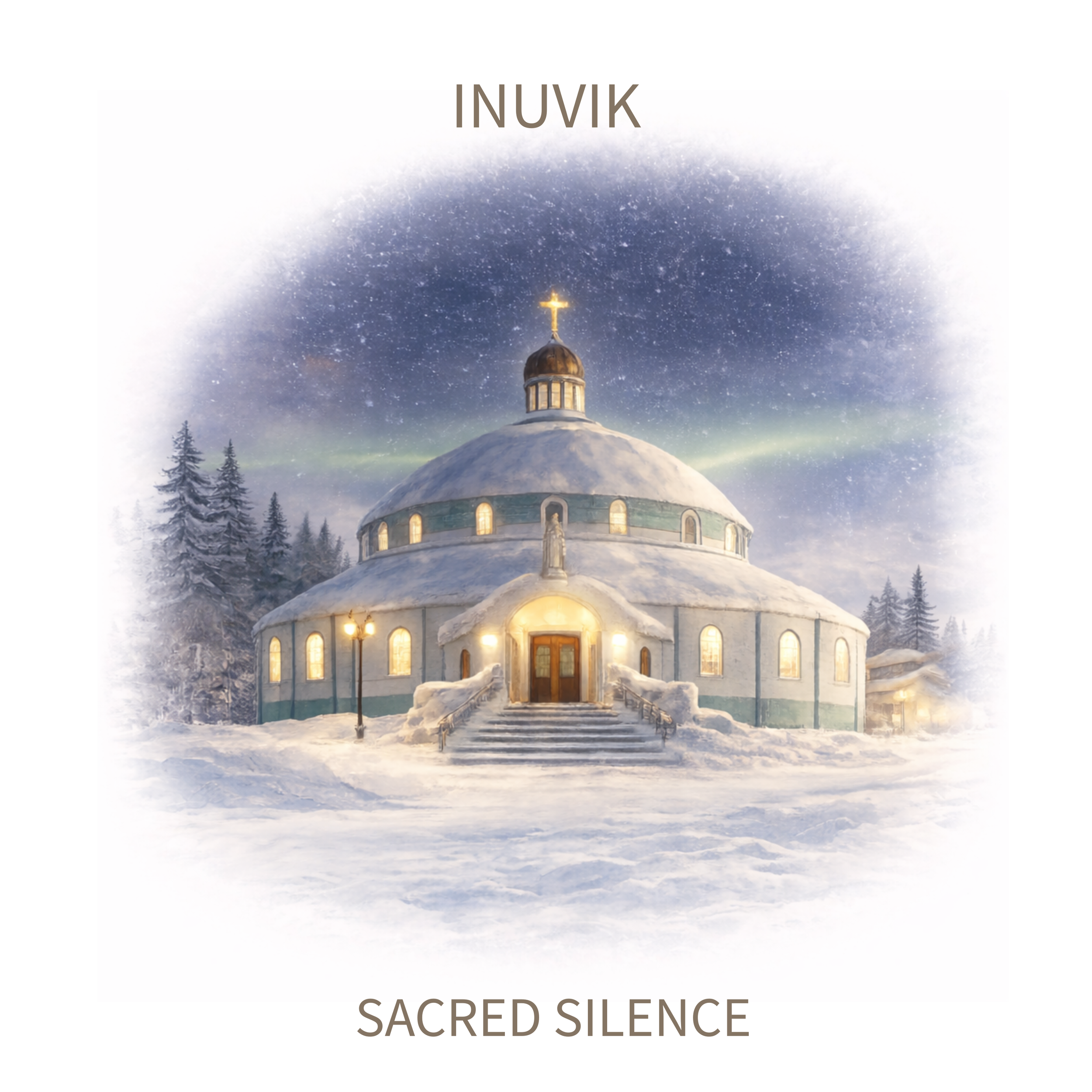 A snowy church building with lit windows and a cross on top, surrounded by snow-covered trees under a starry night sky with the northern lights, with the text 'INUVIK' at the top and 'SACRED SILENCE' at the bottom.