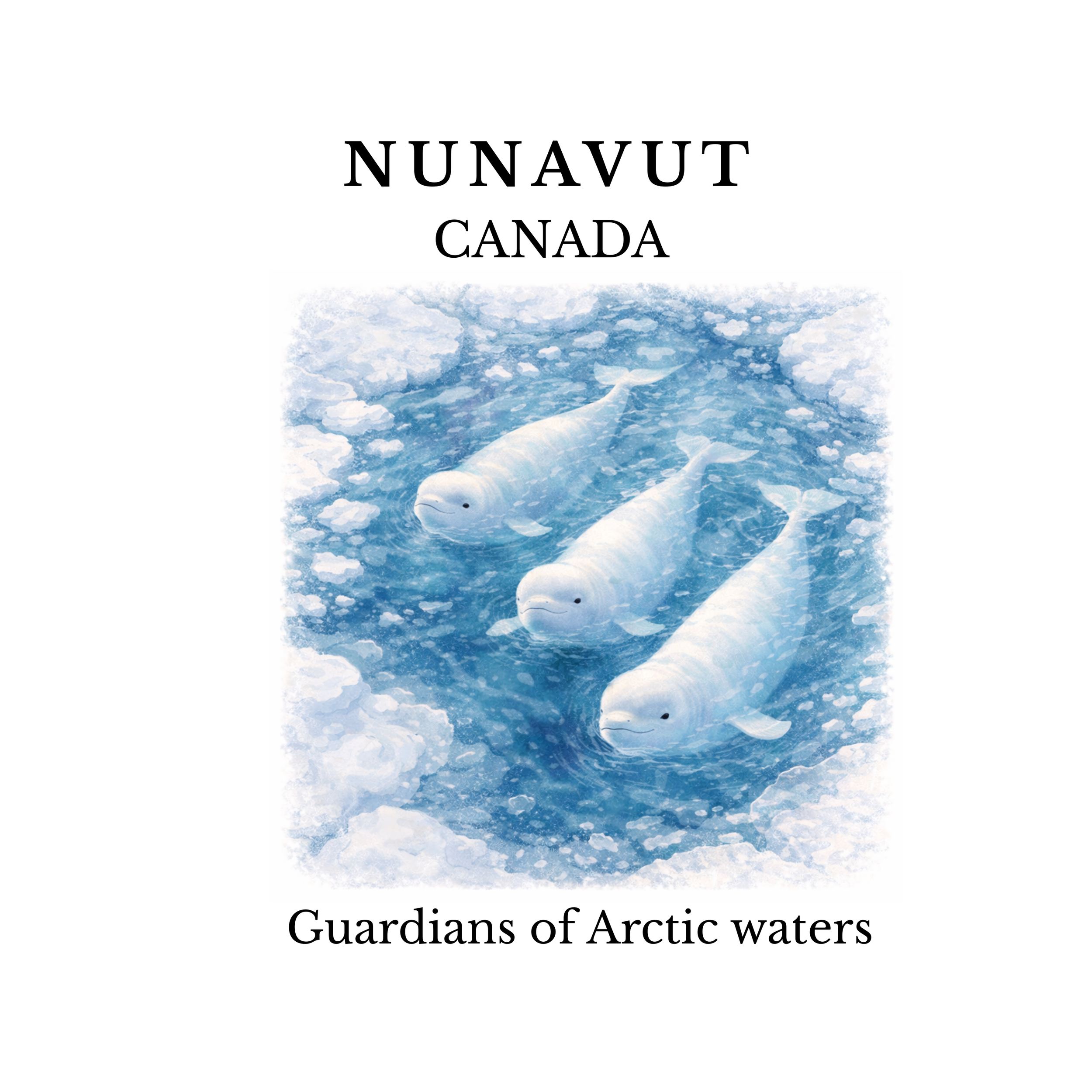 Ceramic coaster with an Illustration of three narwhals swimming in icy Arctic waters with ice floes and snow, titled "Nunavut Canada" with a caption "Guardians of Arctic waters."