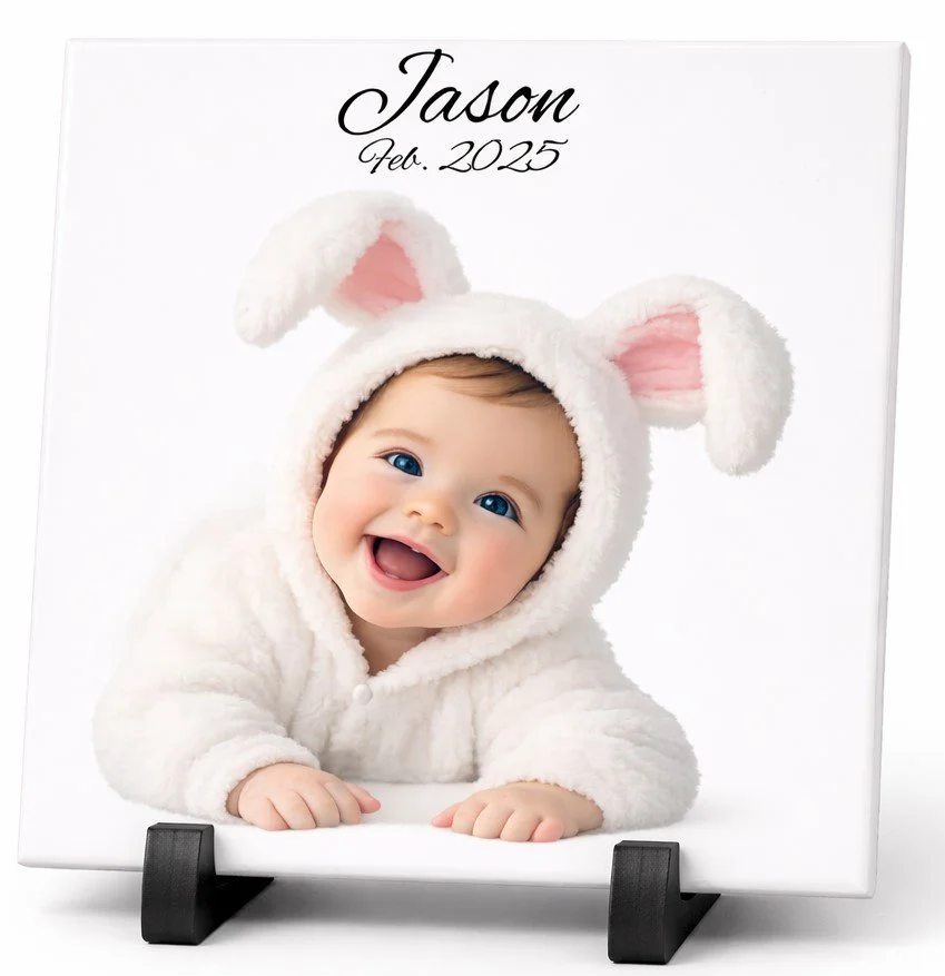 A baby wearing a fluffy white bunny costume with pink-lined ears, smiling and leaning on a white surface. The photo has the name 'Jason' and date 'Feb. 2025' written at the top.