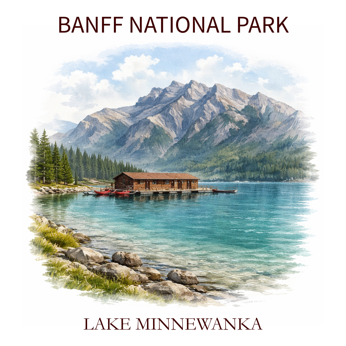 Painting of a scenic mountain landscape with a lake, a wooden boathouse with red boats, pine trees on the shore, and majestic mountains in the background, labeled Banff National Park and Lake Minnewanka.