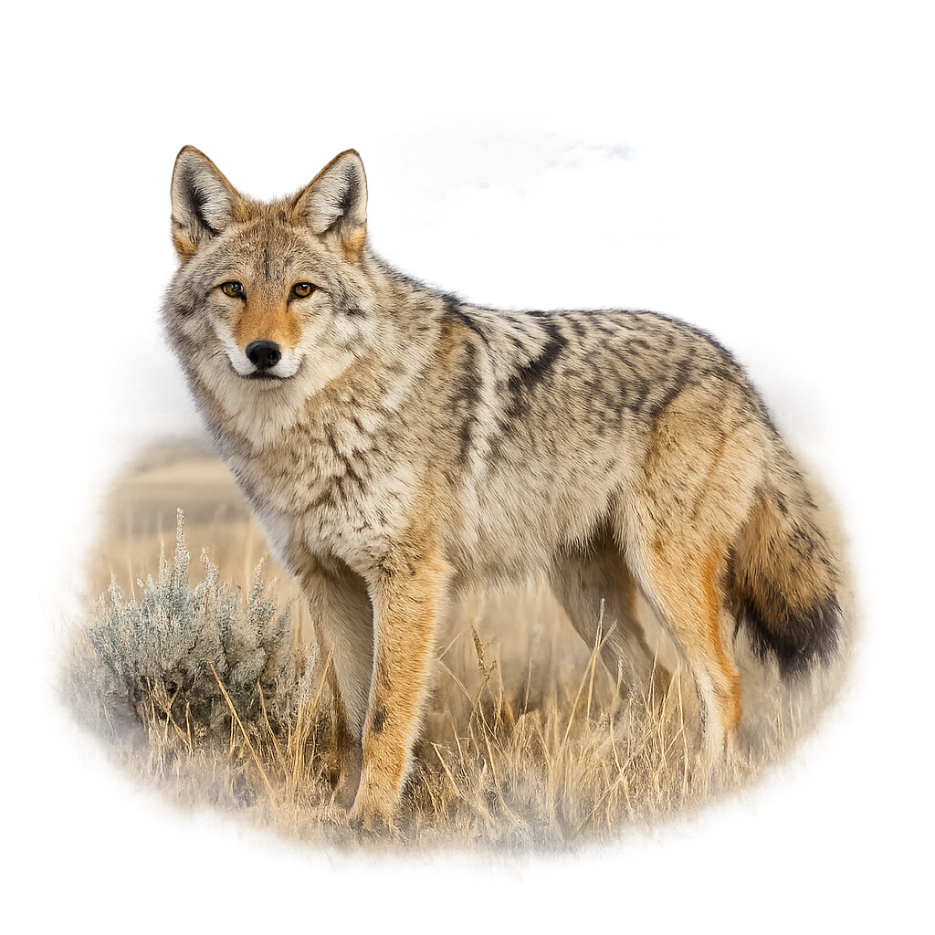 A coyote standing in a grassy field with mountains in the background.