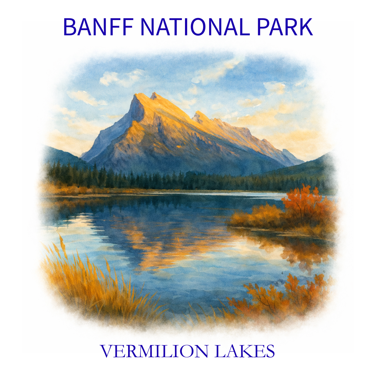 Painting of a mountain landscape in Banff National Park with a lake, trees, and autumn foliage.