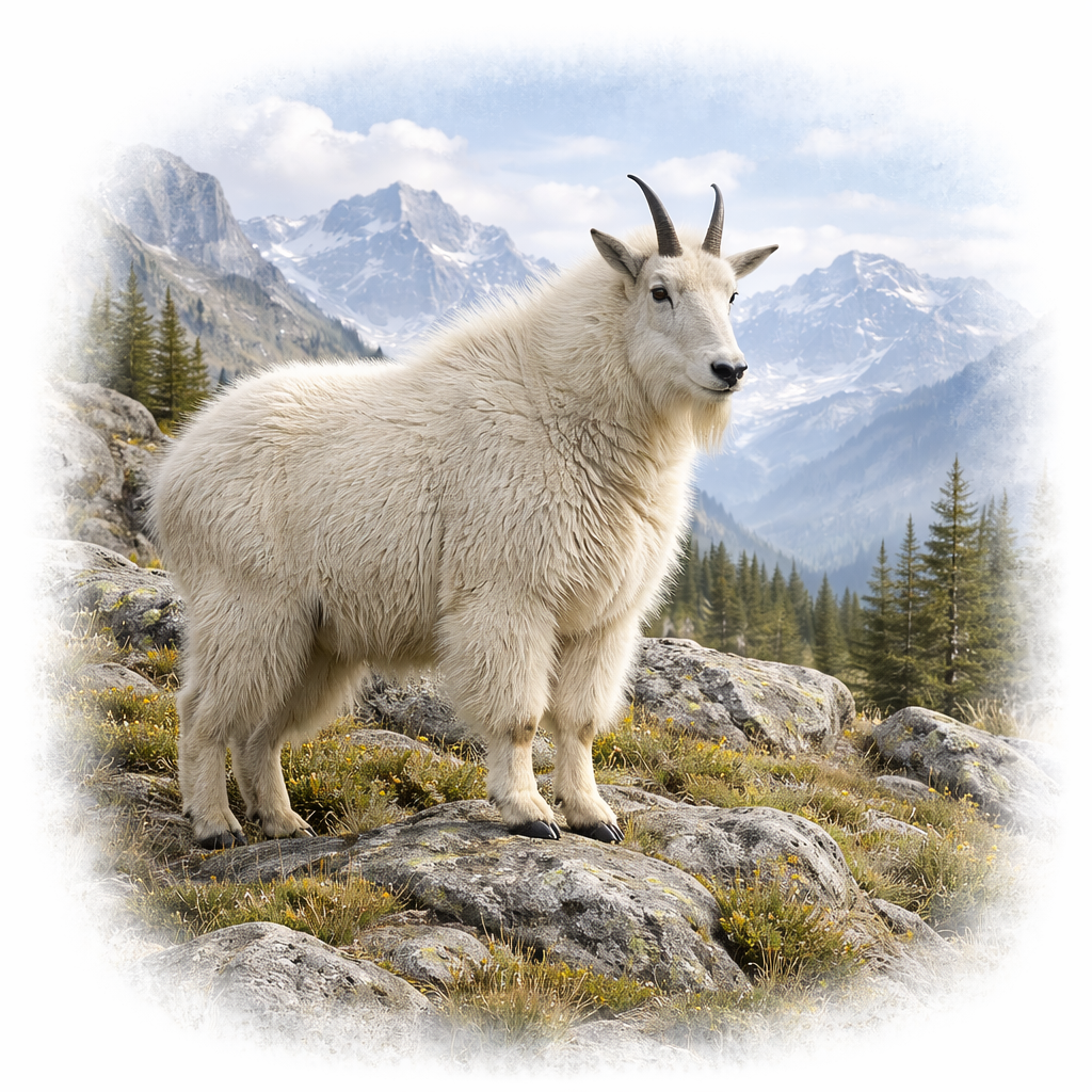 A mountain goat standing on rocks in a mountainous landscape with snow-capped peaks and evergreen trees.