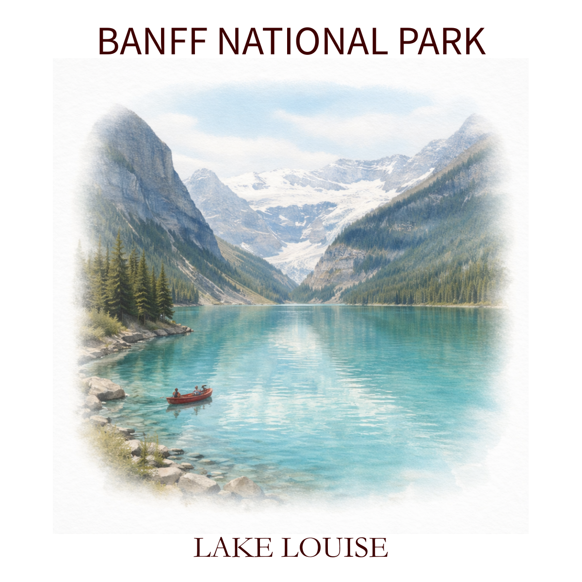 A scenic lake surrounded by mountains with snow-capped peaks, pine trees along the shoreline, and a small boat with two people on the water at Lake Louise in Banff National Park.
