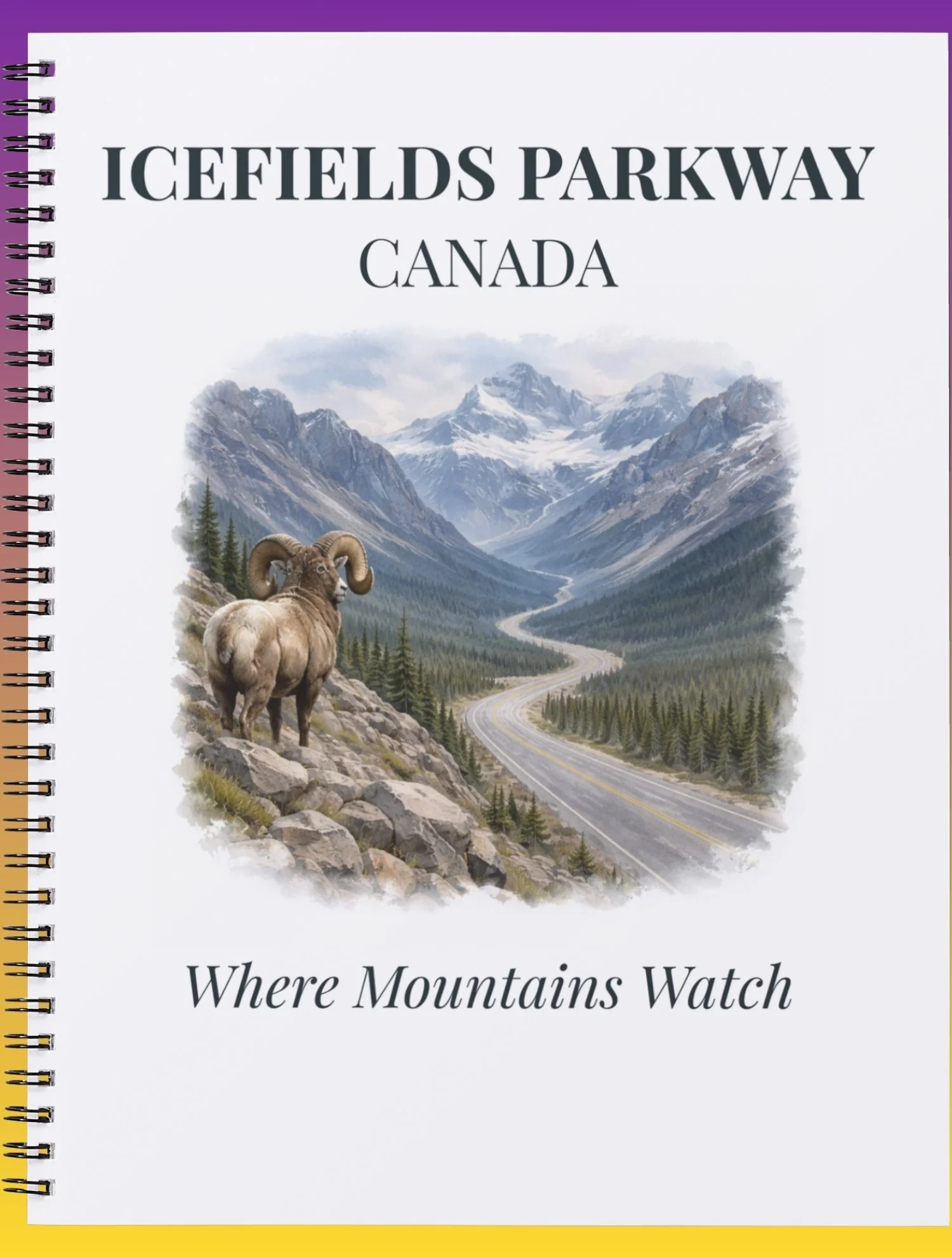 Notebook cover titled “Icefields Parkway Canada,” featuring a mountain landscape with a winding road, evergreen trees, and a ram standing on rocky terrain. A perfect Canadian Rockies travel journal