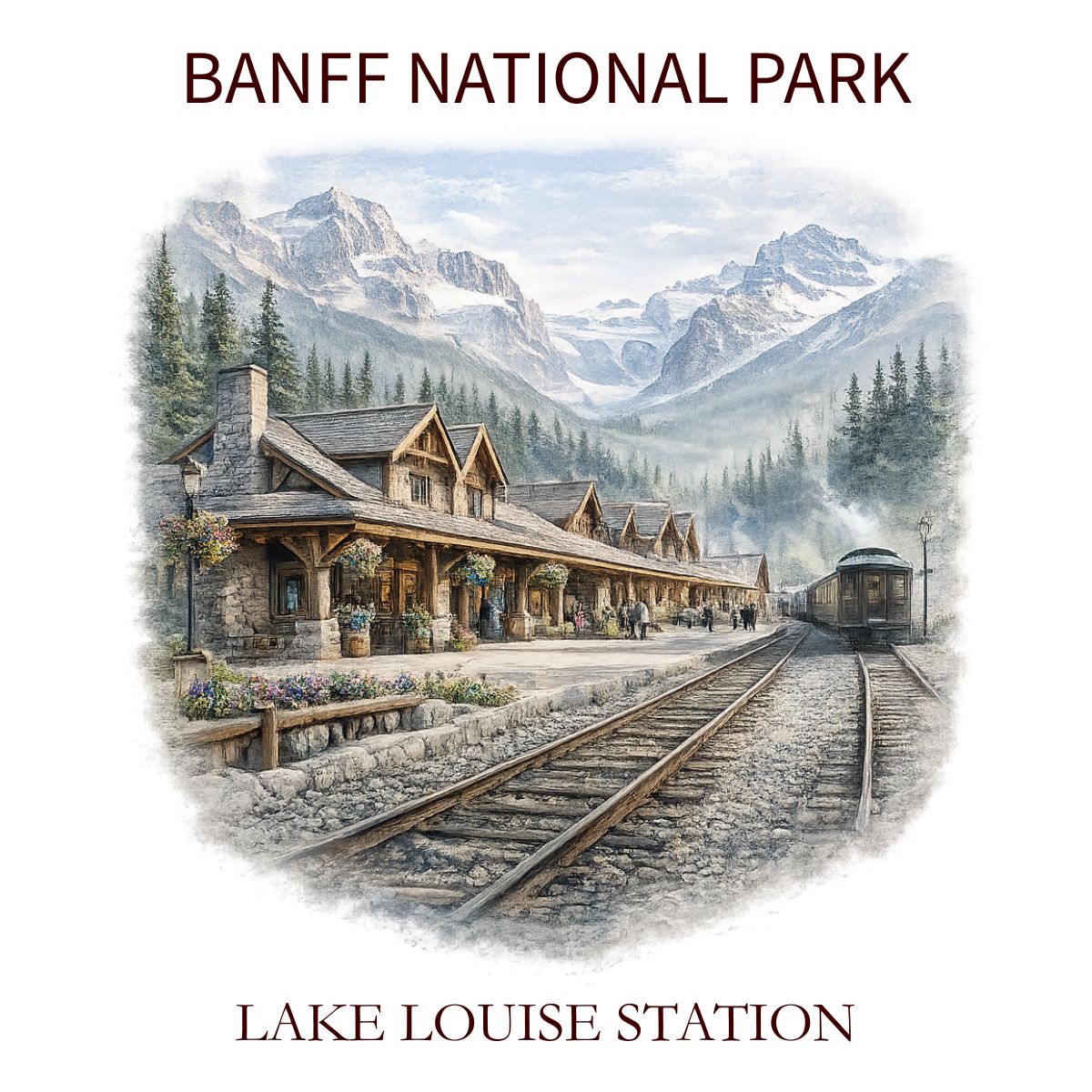 Illustration of Lake Louise Station at Banff National Park with mountains and trees in the background.