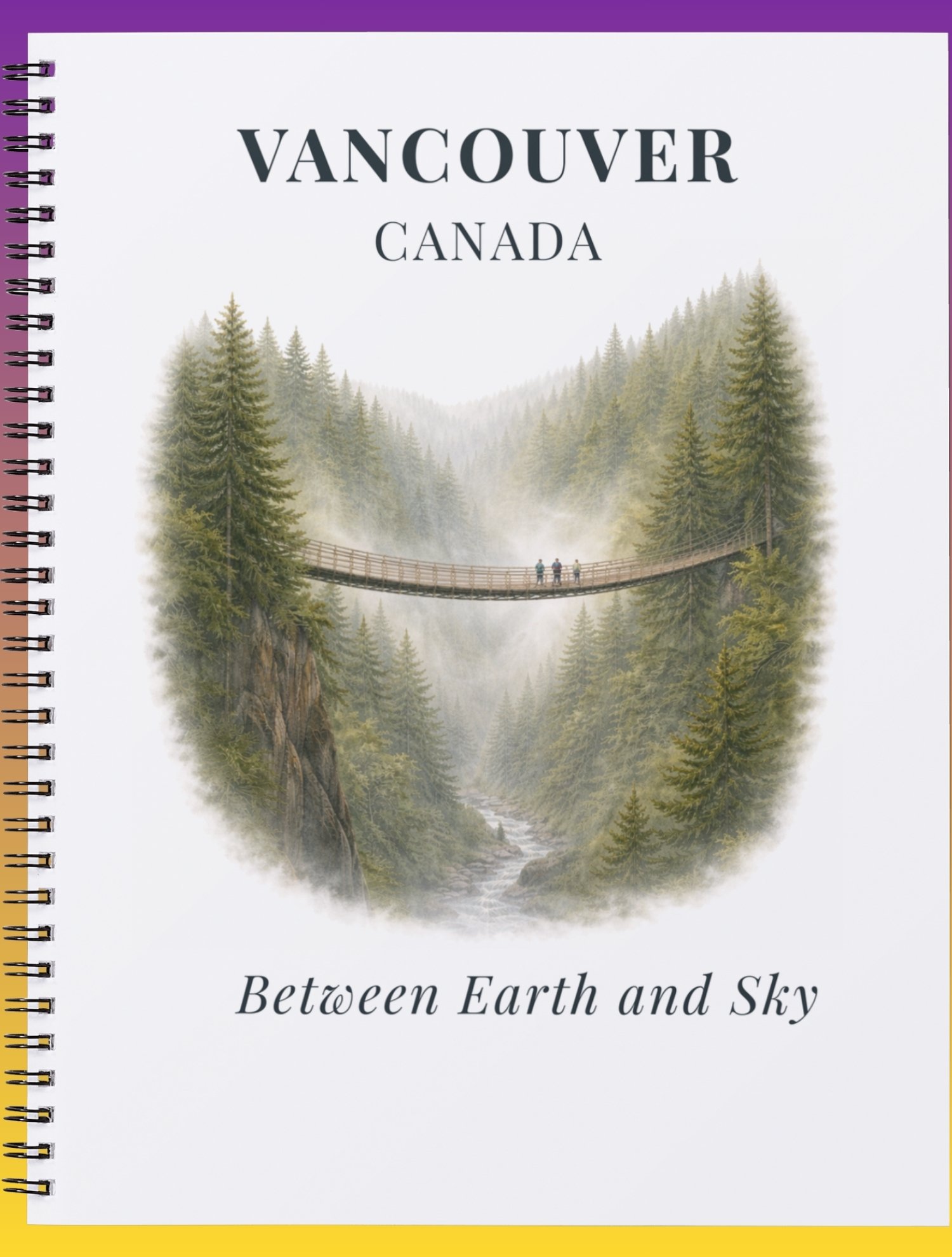 Cover of a guidebook featuring a mountain stream and a forested canyon with a suspension bridge across it. Title: Vancouver Canada, Subtitle: Between Earth and Sky.