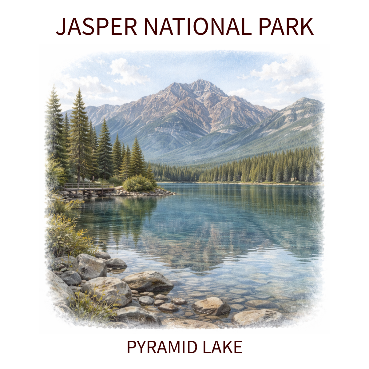 Photograph of Pyramid Lake in Jasper National Park, featuring a calm lake reflecting surrounding mountains, evergreen trees, and a partly cloudy sky.