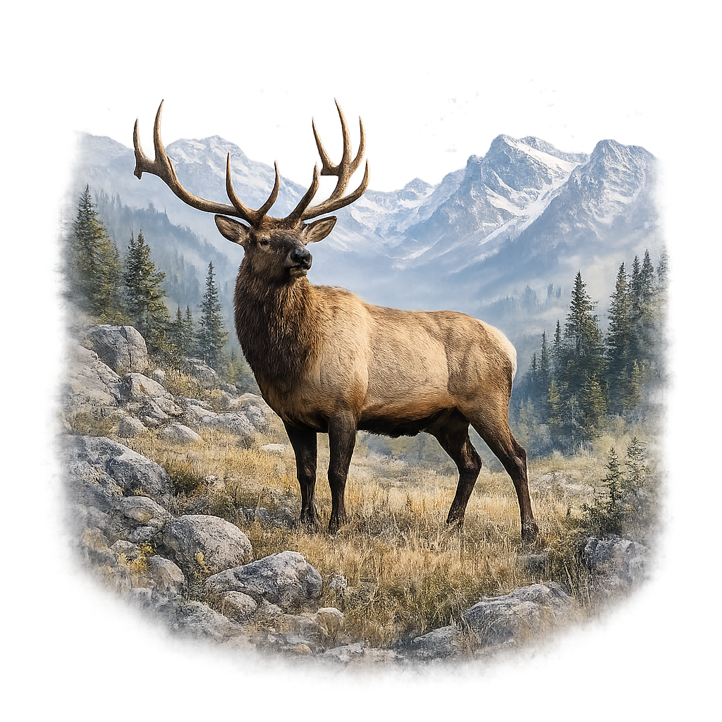 A majestic elk standing in a mountain landscape with snow-capped peaks, evergreen trees, rocks, and grassy terrain.