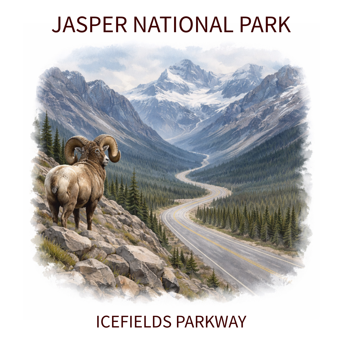 Painting of a mountain landscape at Jasper National Park with snow-capped peaks, a winding road, dense evergreen forests, and a bighorn sheep on rocks in the foreground.