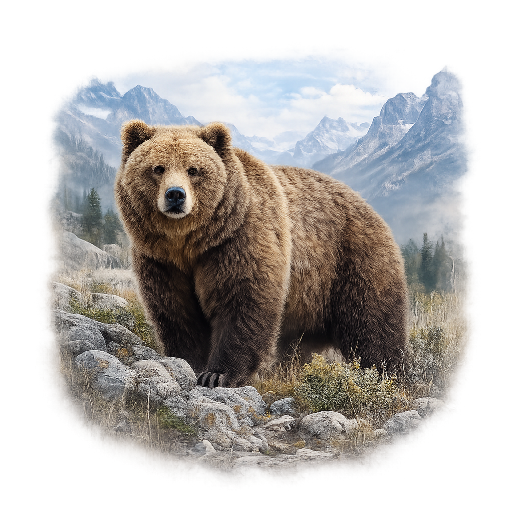 A grizzly bear standing on rocky terrain in front of a mountain landscape with snow-capped peaks and cloudy sky.