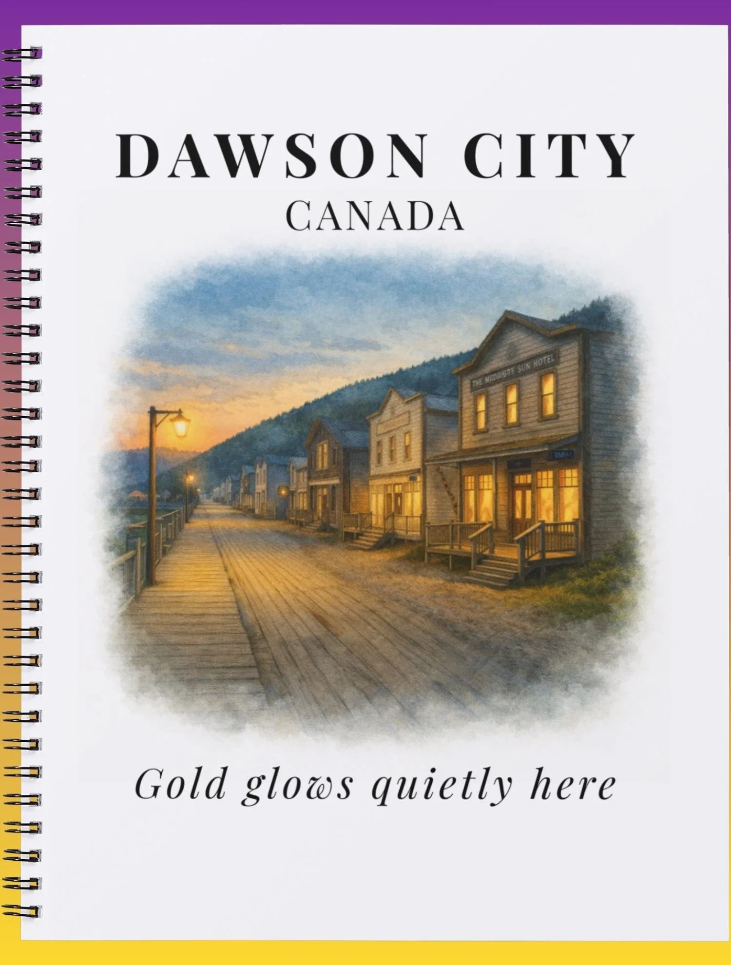 Cover of a notebook with a painting of a quiet street with old wooden buildings at sunset in Dawson City, Canada, with a quote 'Gold glows quietly here' written below.