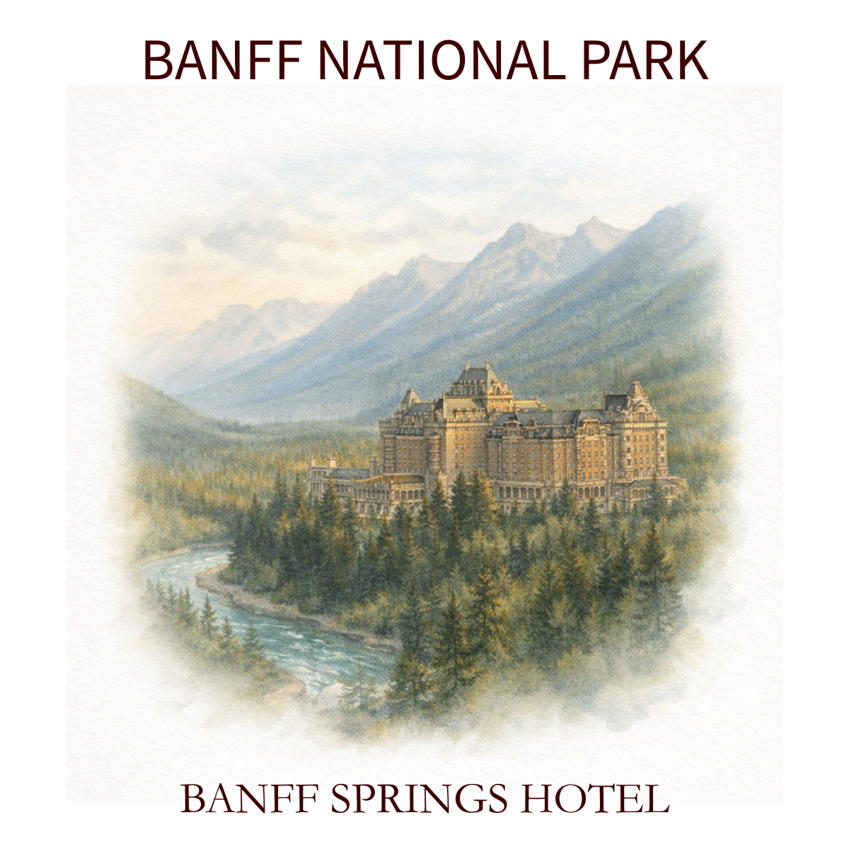 Illustration of the Banff Springs Hotel set against mountains and forests in Banff National Park.
