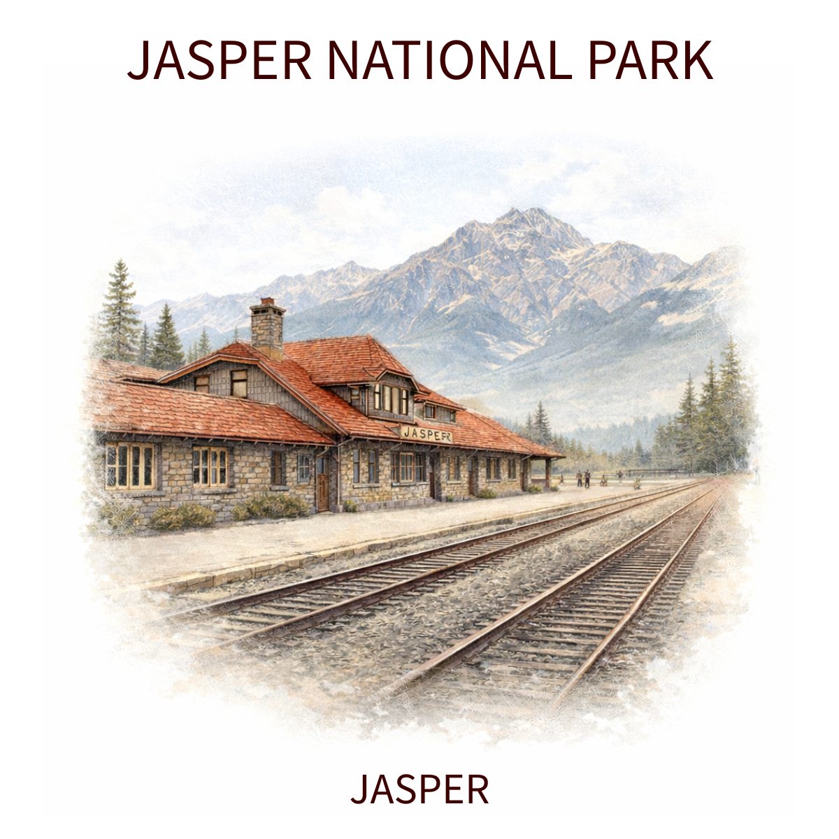 Illustration of the Jasper train station with trains on tracks and mountains in the background.