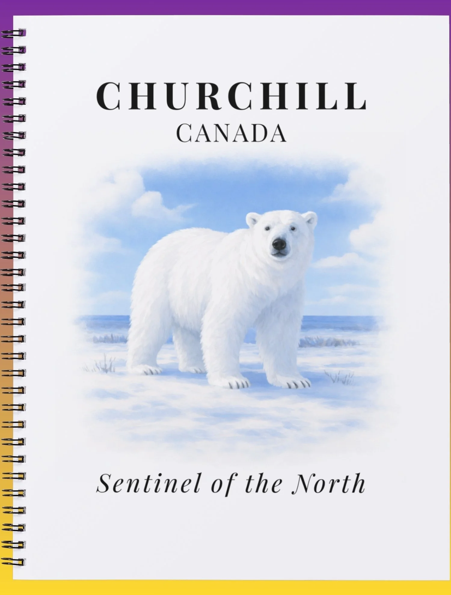Notebook cover with a painted image of a polar bear standing on snow, with the text "Churchill Canada" at the top and "Sentinel of the North" at the bottom.
