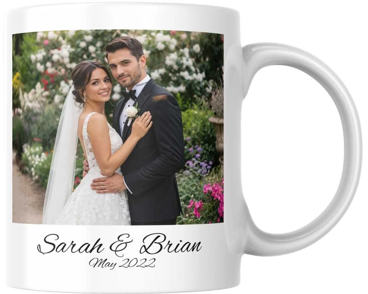 White mug with a printed photo of a bride and groom at a wedding, surrounded by flowers, with text reading Sarah & Brian May 2022.