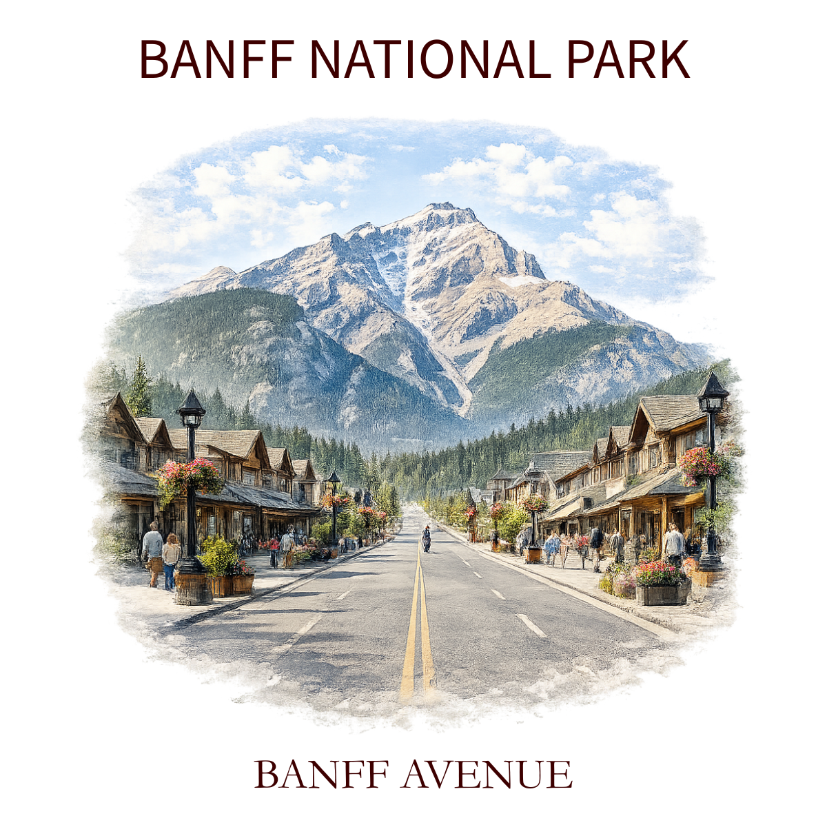 Painted artwork of Banff Avenue in Banff National Park with mountain scenery, small shops, and people walking along the street.