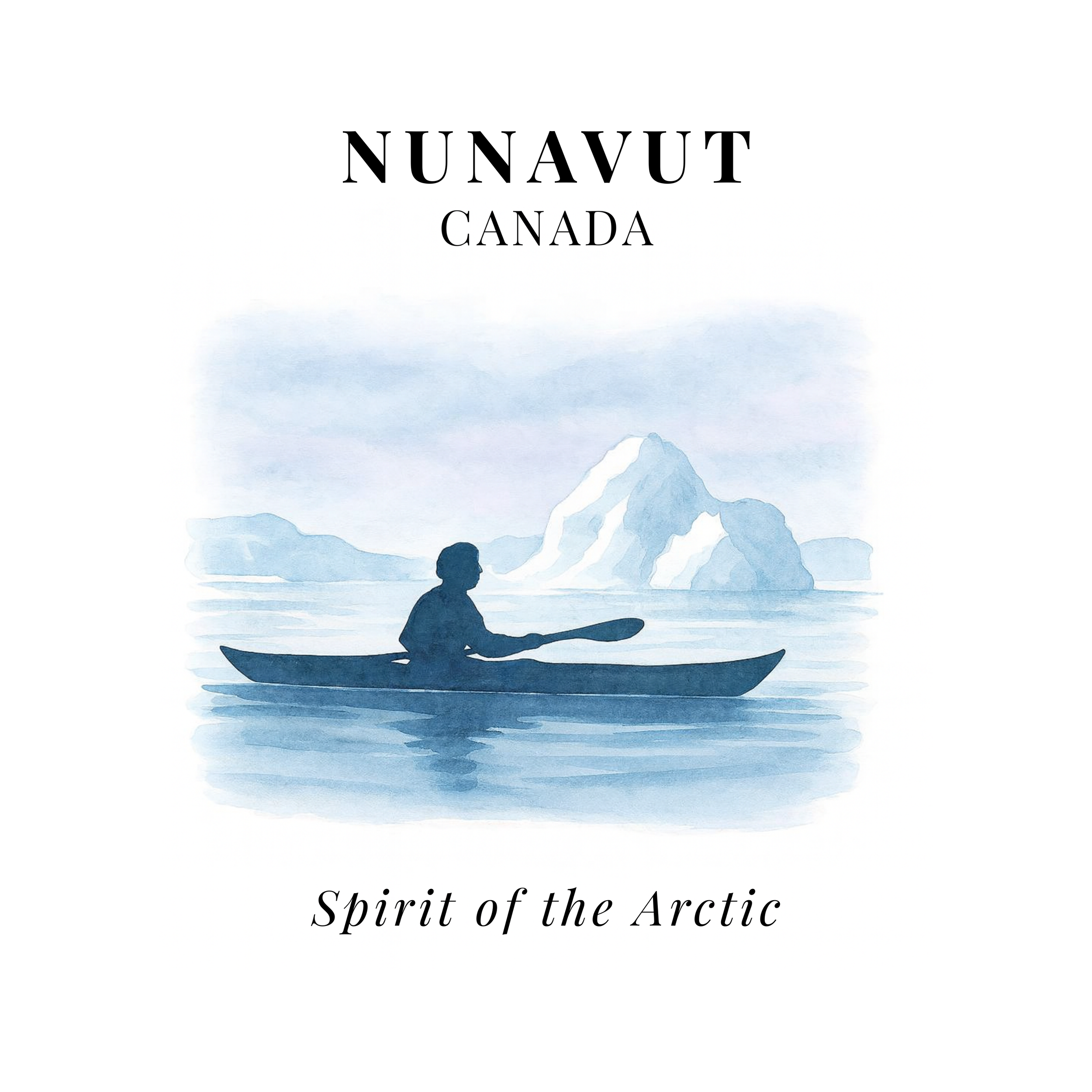 A ceramic coaster with an Illustration of a person kayaking on Arctic waters with an iceberg in the background, text reads "Nunavut Canada" and "Spirit of the Arctic".