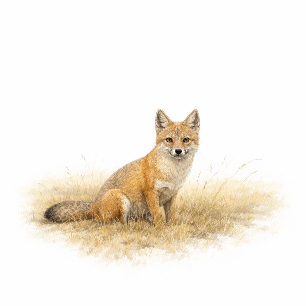 A ceramic coaster with an illustration of a red fox sitting in tall dry grass, facing forward with alert eyes.