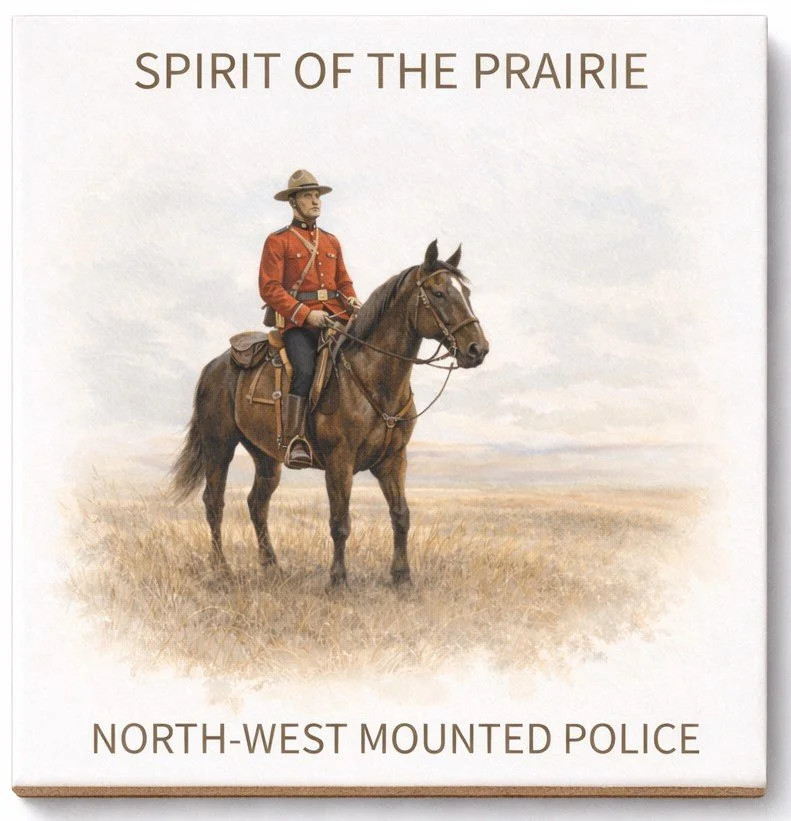 A ceramic coaster with the title "Spirit of the Prairie" featuring a uniformed soldier on horseback in a prairie landscape, with the text "North-West Mounted Police" at the bottom.