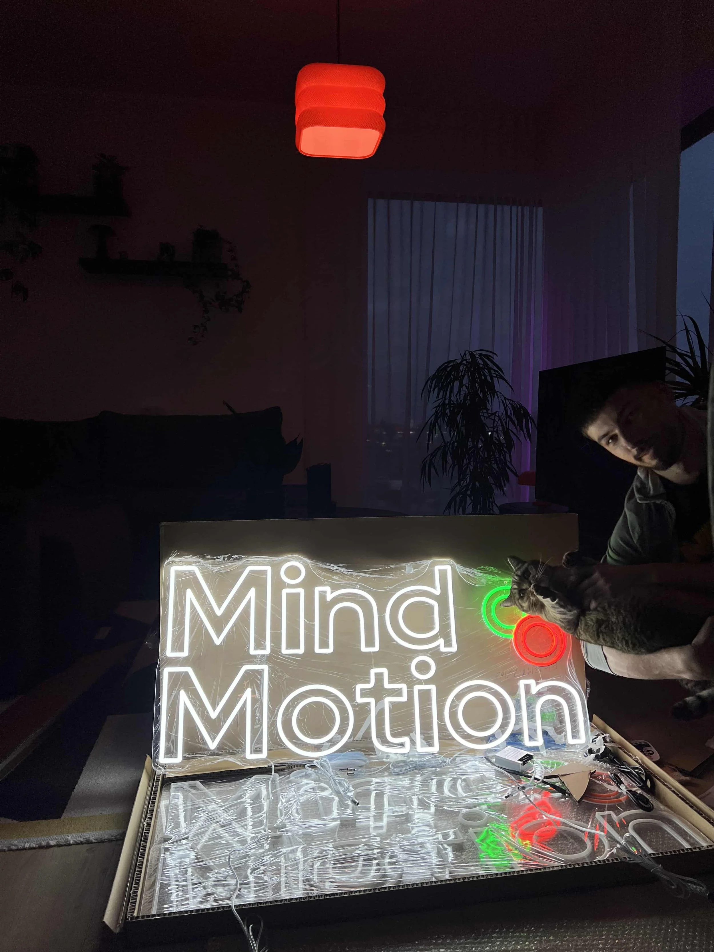Mind & Motion LED-neoonlogo kastis kodus lahti pakituna. Pimedas ruumis helendav valge logo rohelise ja oranži täpiga, kõrval Reiko koos kassiga. Stuudio brändimaterjali saabumine.