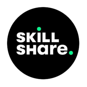 Skillshare logo with white text on a black circular background.
