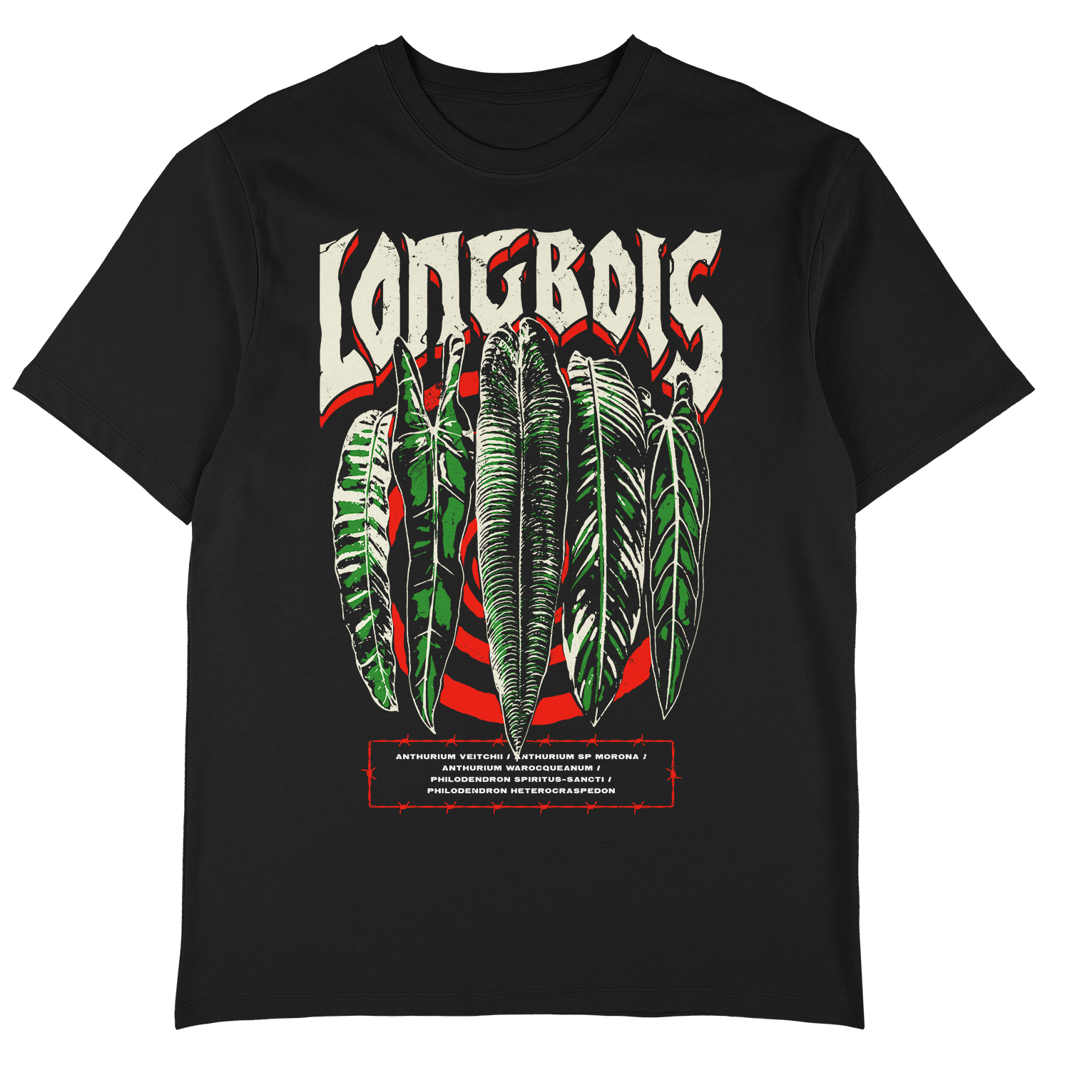 Black T-shirt featuring large graphic of green and white leaves, with the word "LOTHEBIS" in stylized text above, and small text with plant names below.
