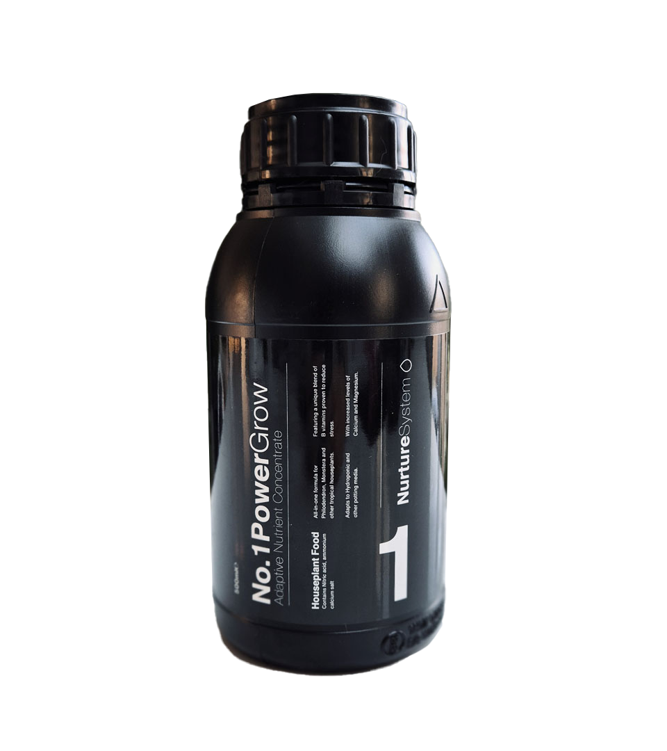 Black bottle labeled 'No. 1 PowerGrow' for plant nutrient concentrate.