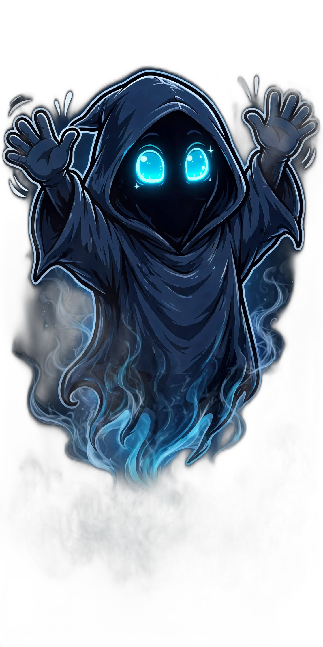 Flicker, Rainshift's phantom mascot — a smiling white ghost with glowing cyan eyes and orange safety goggles, waving hello