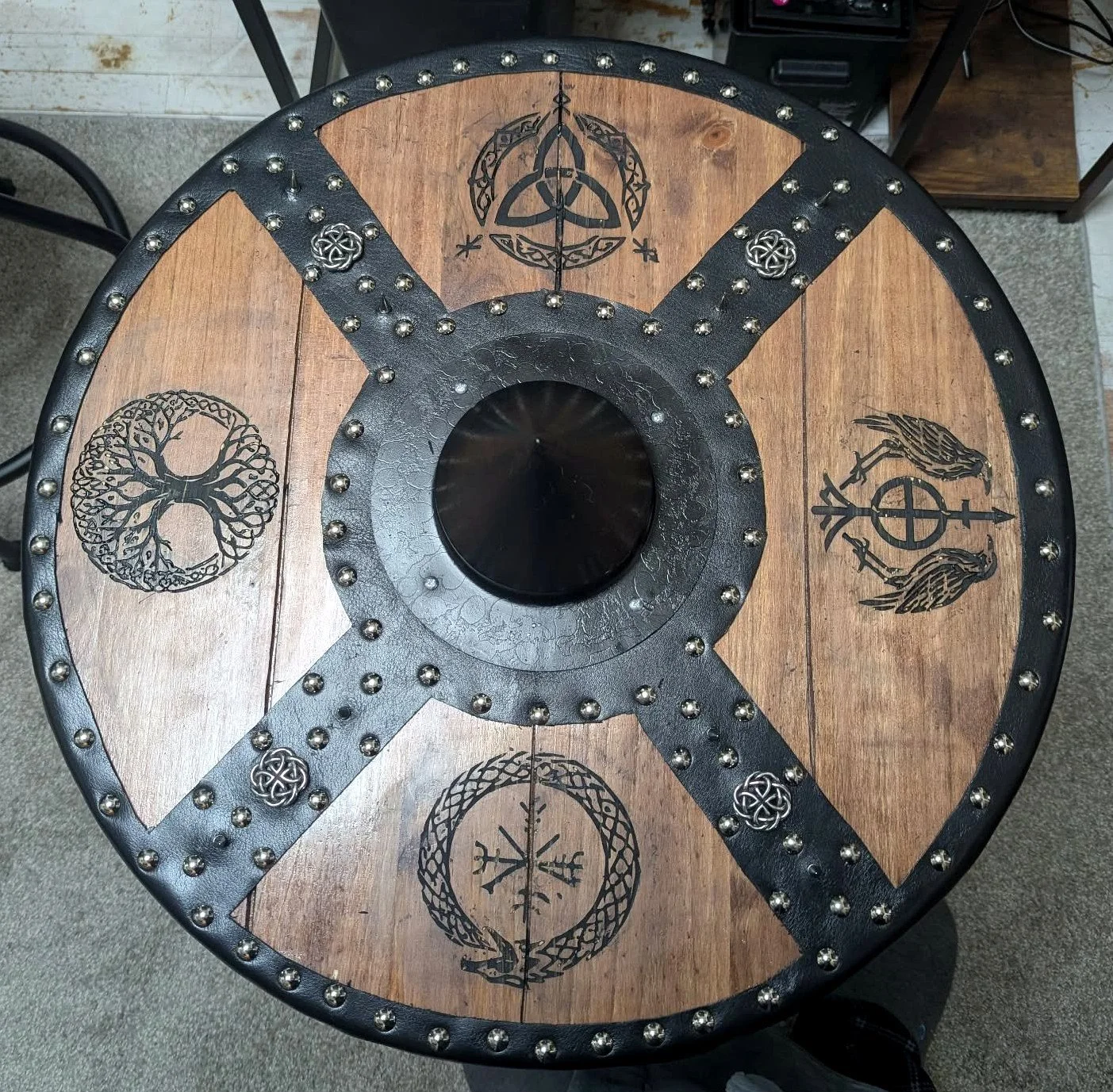 Engraved Viking shield wall piece with knotwork design