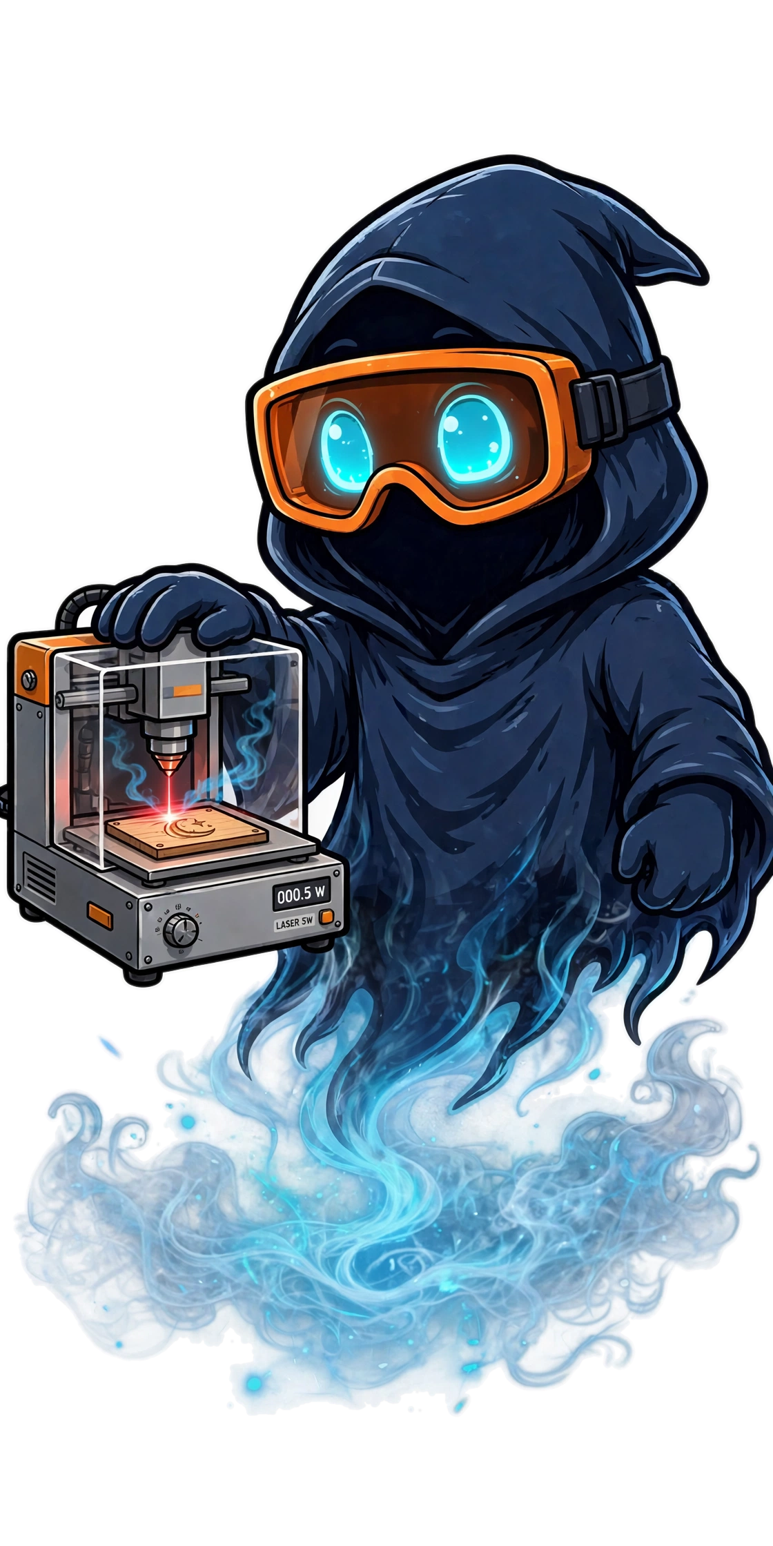 Flicker wearing orange safety goggles, giving a thumbs up beside a laser engraver working on a steel tumbler